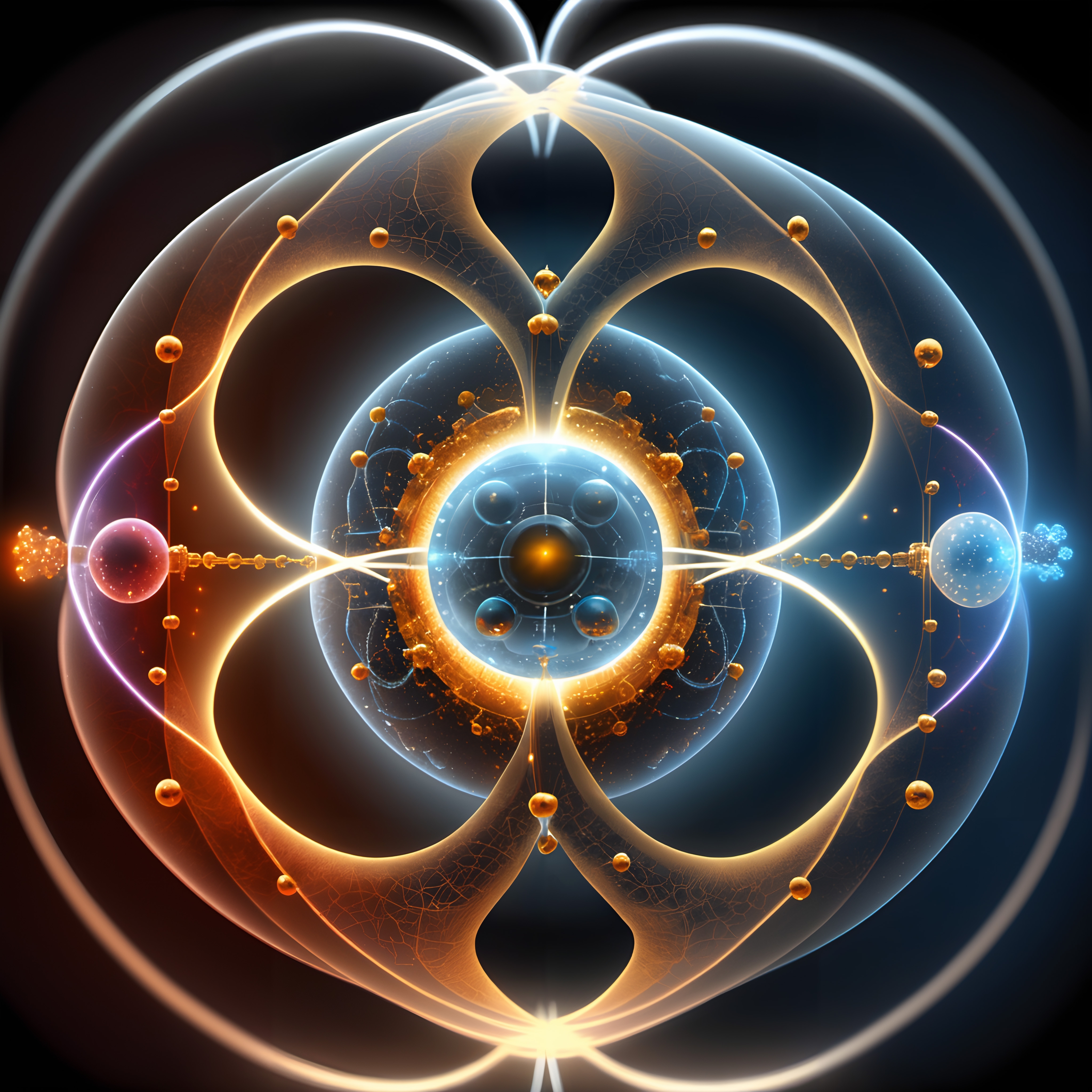 A dynamic, glowing cosmic design featuring intricate orbs and arcs.