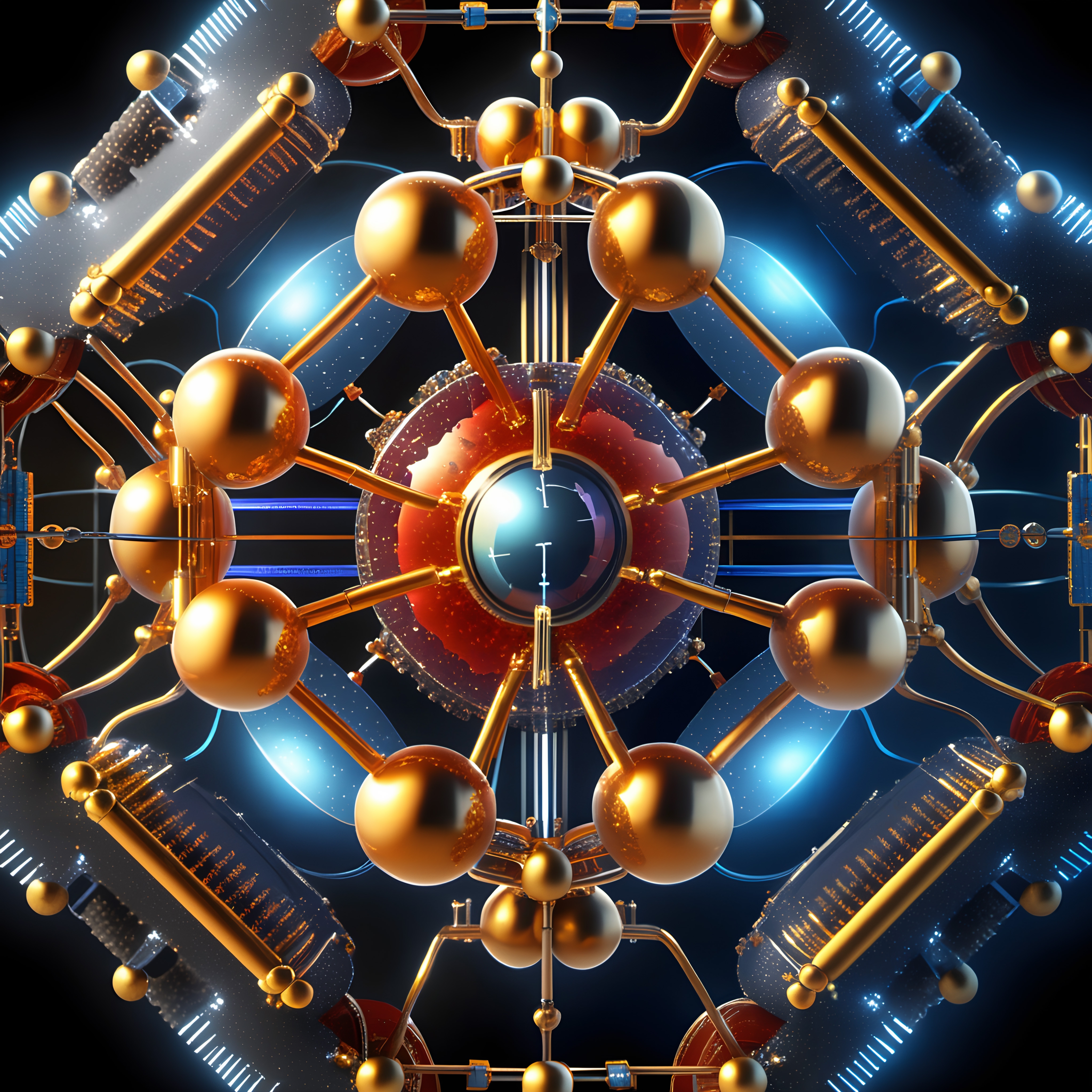 Futuristic atomic model with glowing spheres and metallic elements.