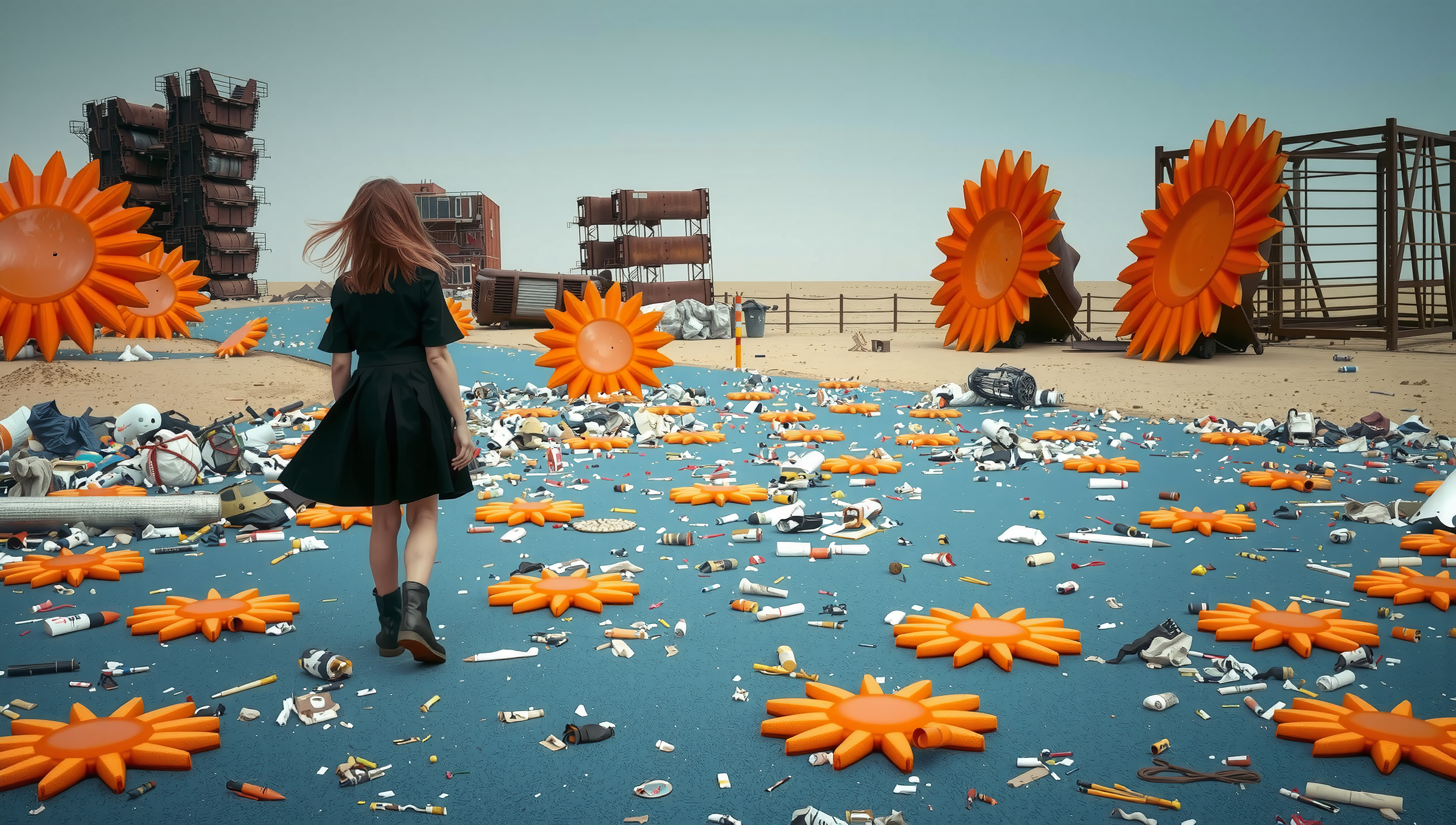 Woman walking on blue trash-strewn ground with sun sculptures in industrial desert landscape