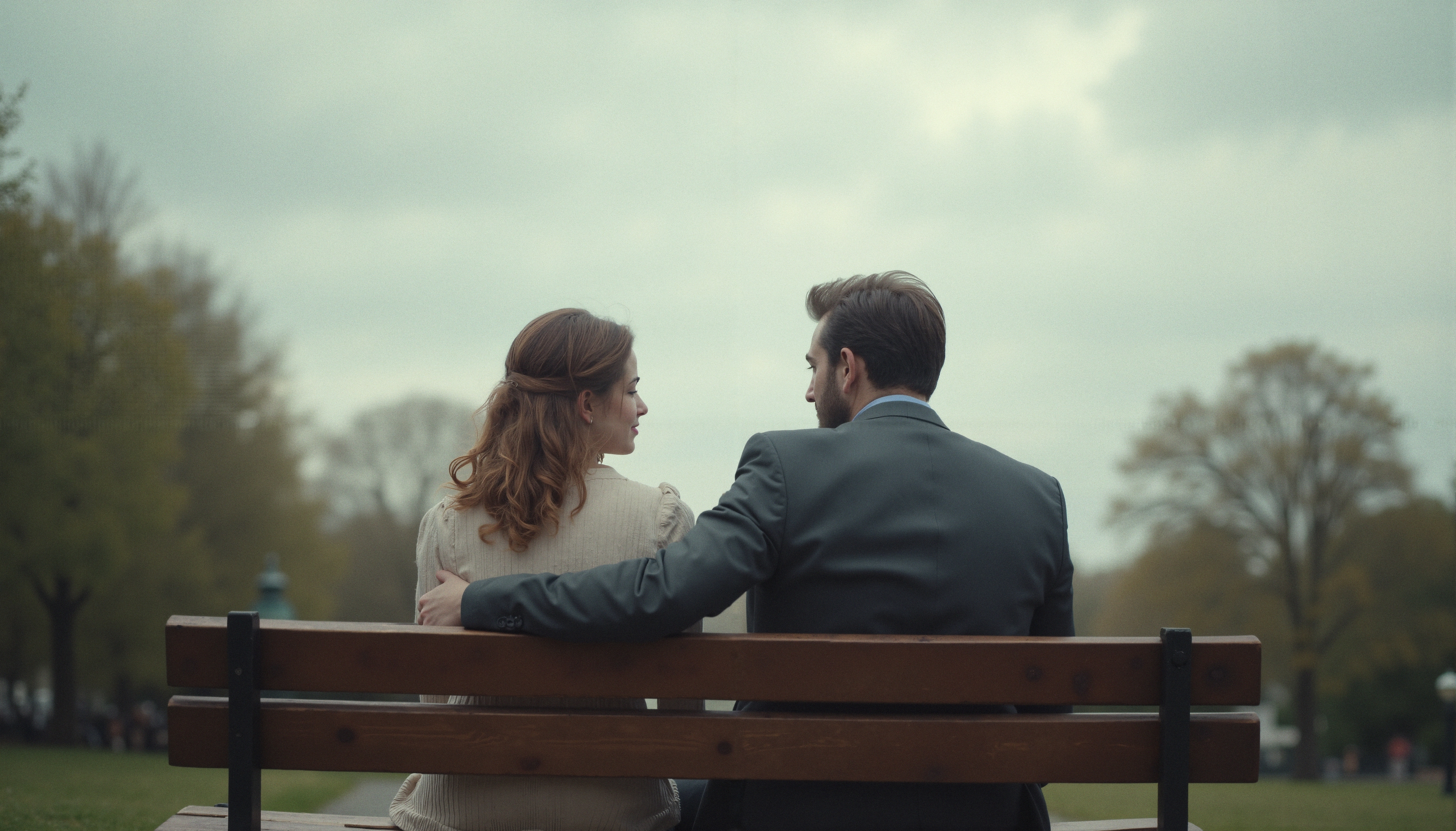 A couple sitting on a park bench, sharing a tranquil moment in nature, with trees and a cloudy sky in the background.