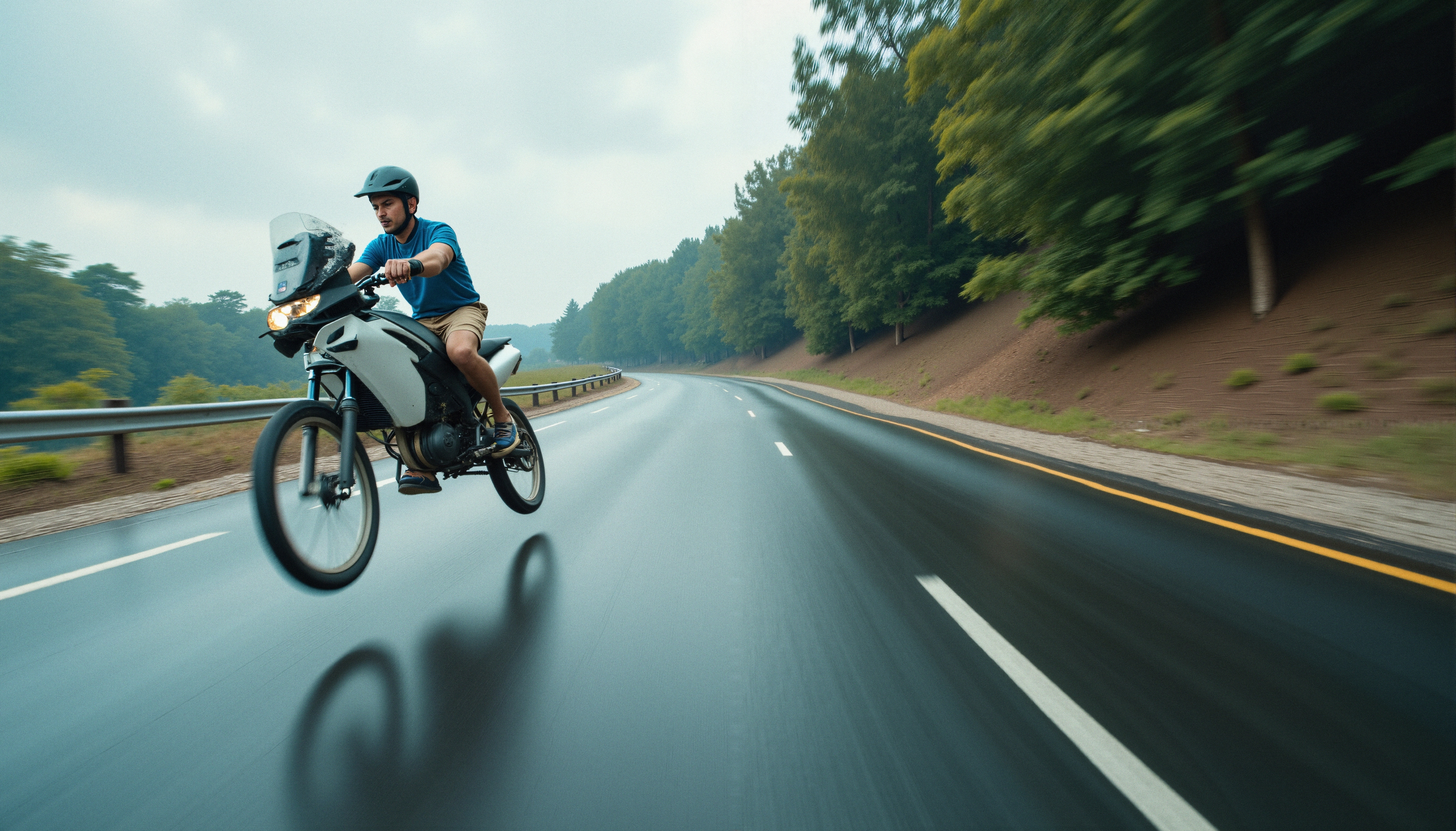 Motorcyclist speeding on a wet highway amidst lush trees.