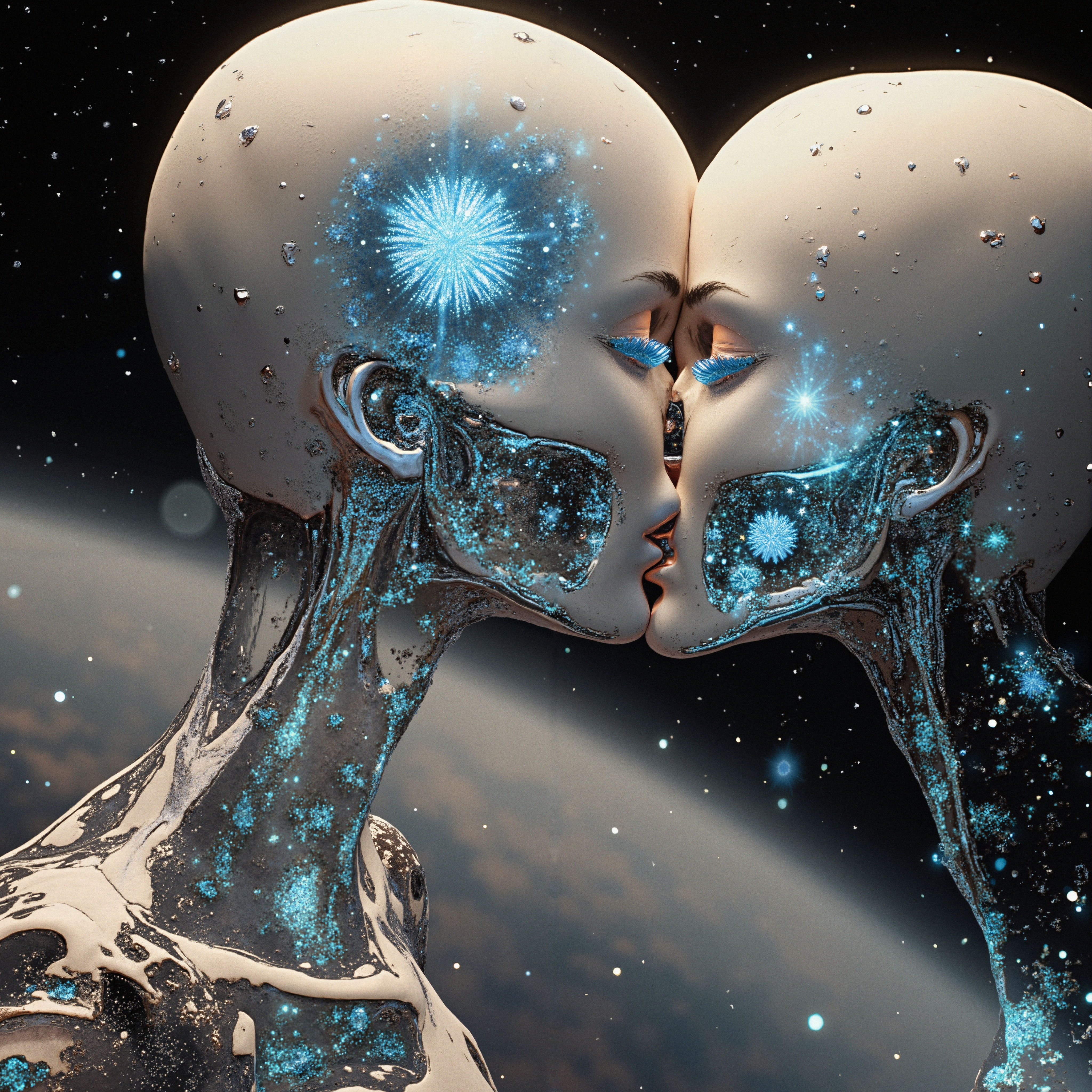 Two futuristic cyborg figures embracing in space-themed art.