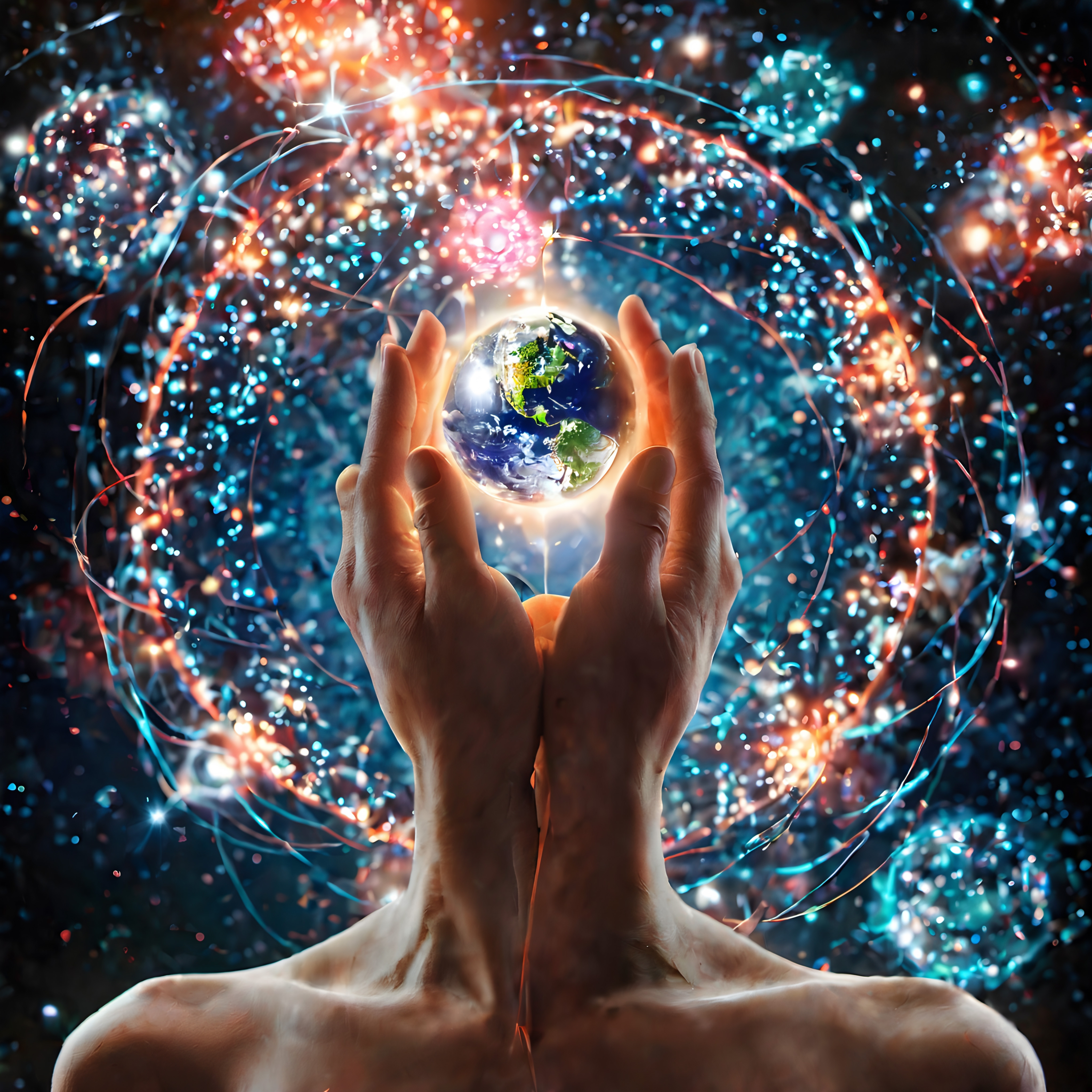 Hands Holding Glowing Earth Universe