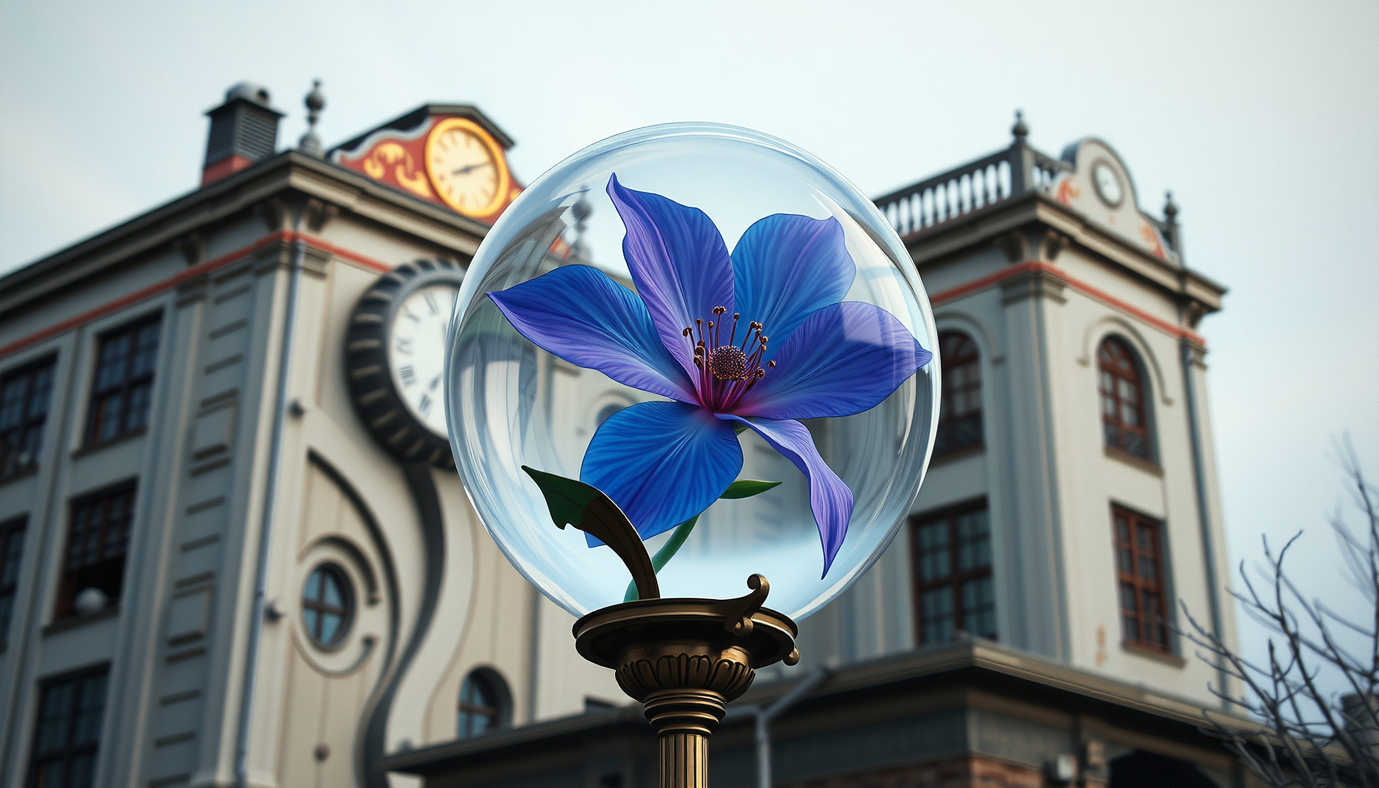 A vivid blue flower encased in glass orb with a classic clock tower backdrop.