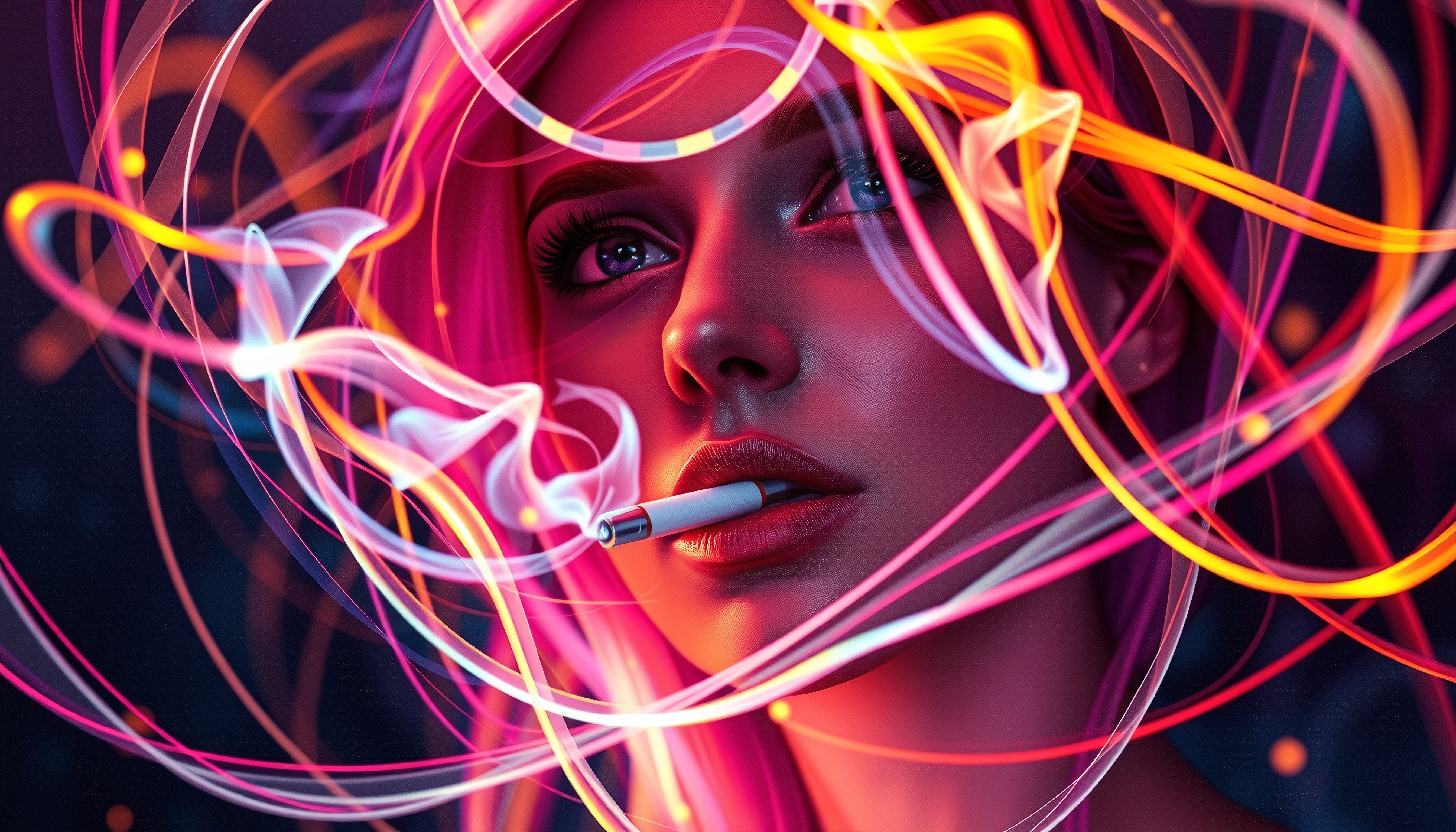 Woman smoking cigarette surrounded by neon colored smoke swirls in artistic digital portrait