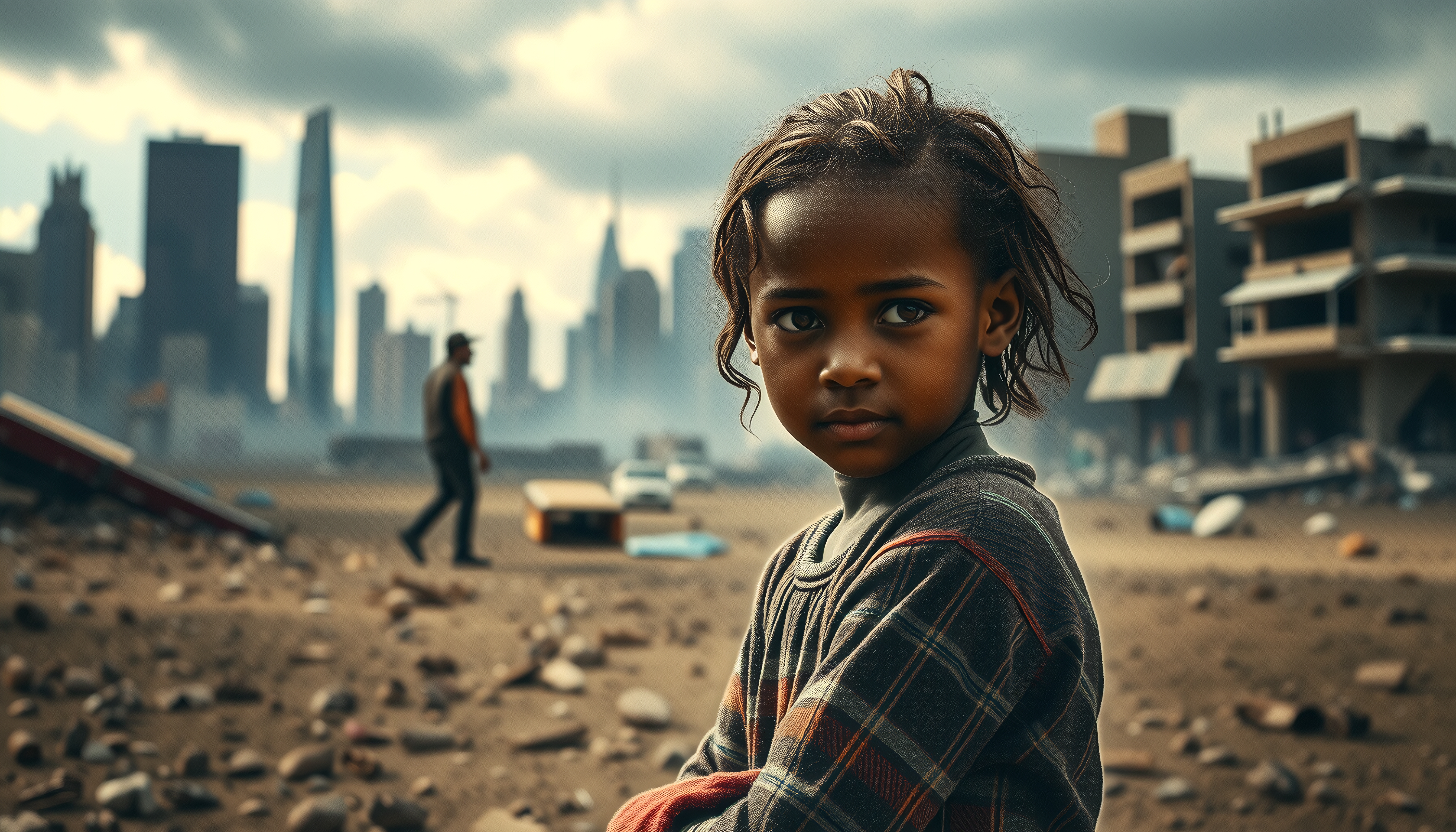 Young girl standing alone among ruined city landscape after catastrophe, looking solemnly forward while adults walk through debris field