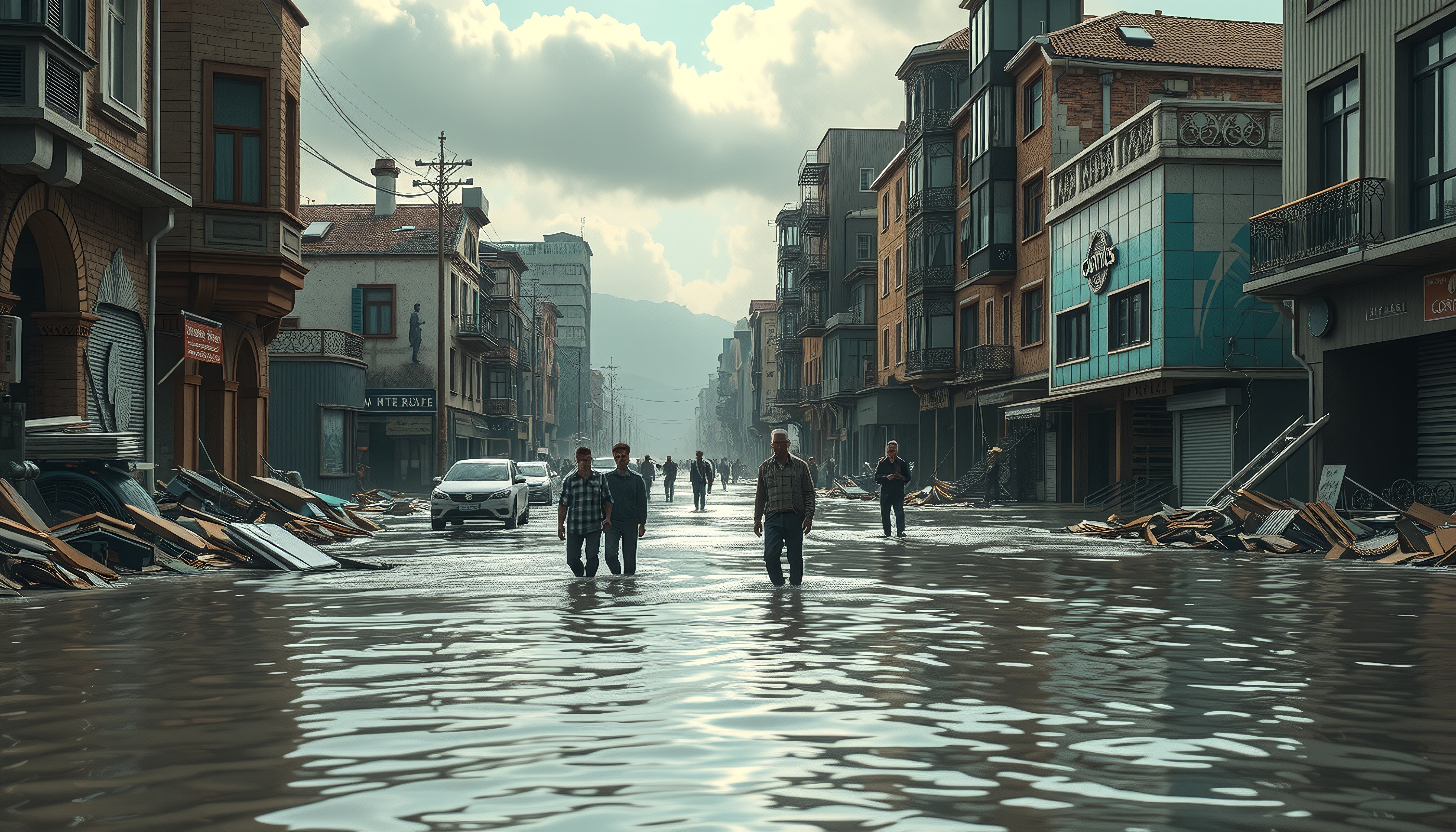 A flooded urban street with people wading through knee-deep water amidst scattered debris, showcasing architectural diversity under an overcast sky.