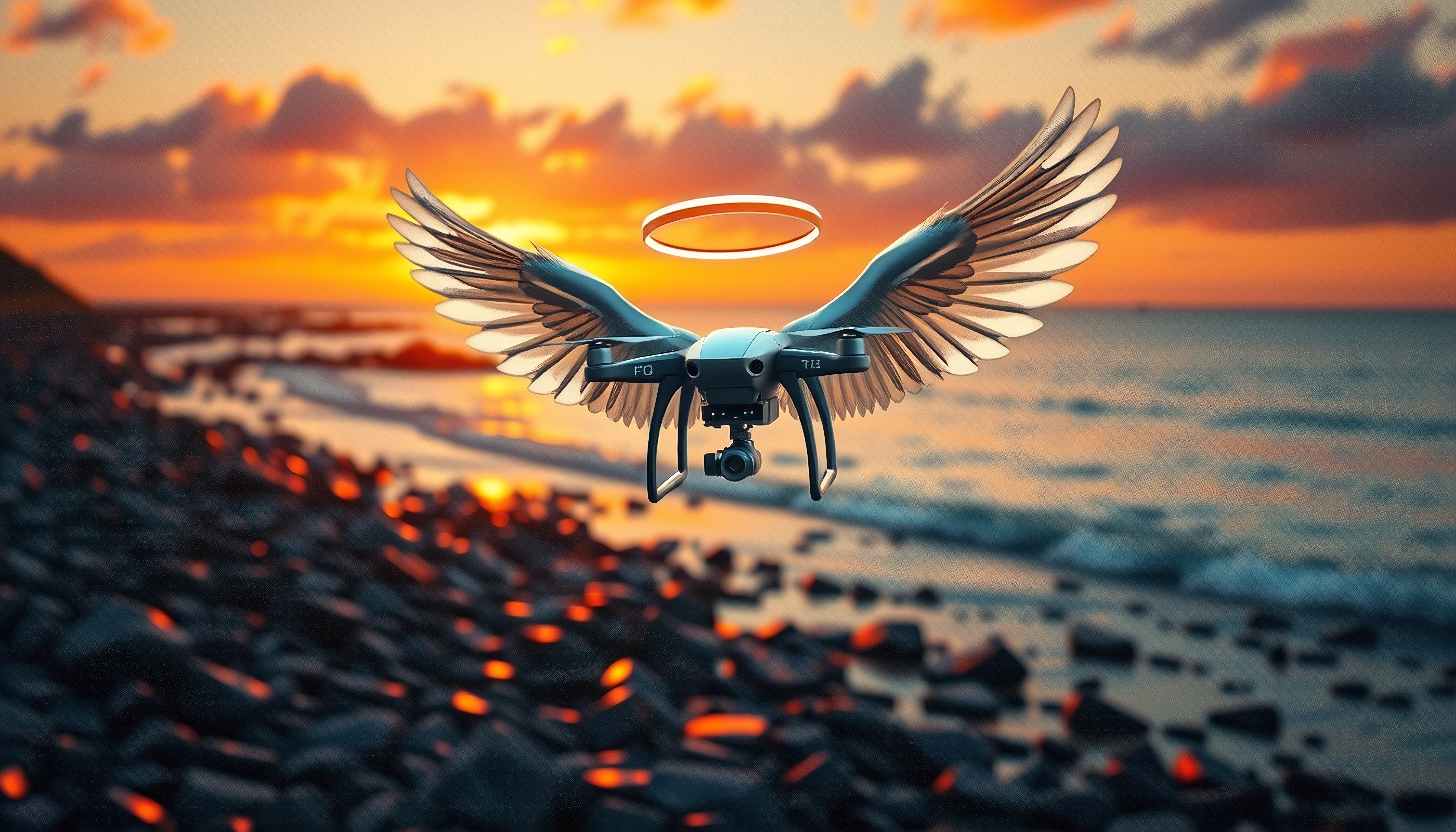 A drone with angelic wings and halo over a sunset beach.