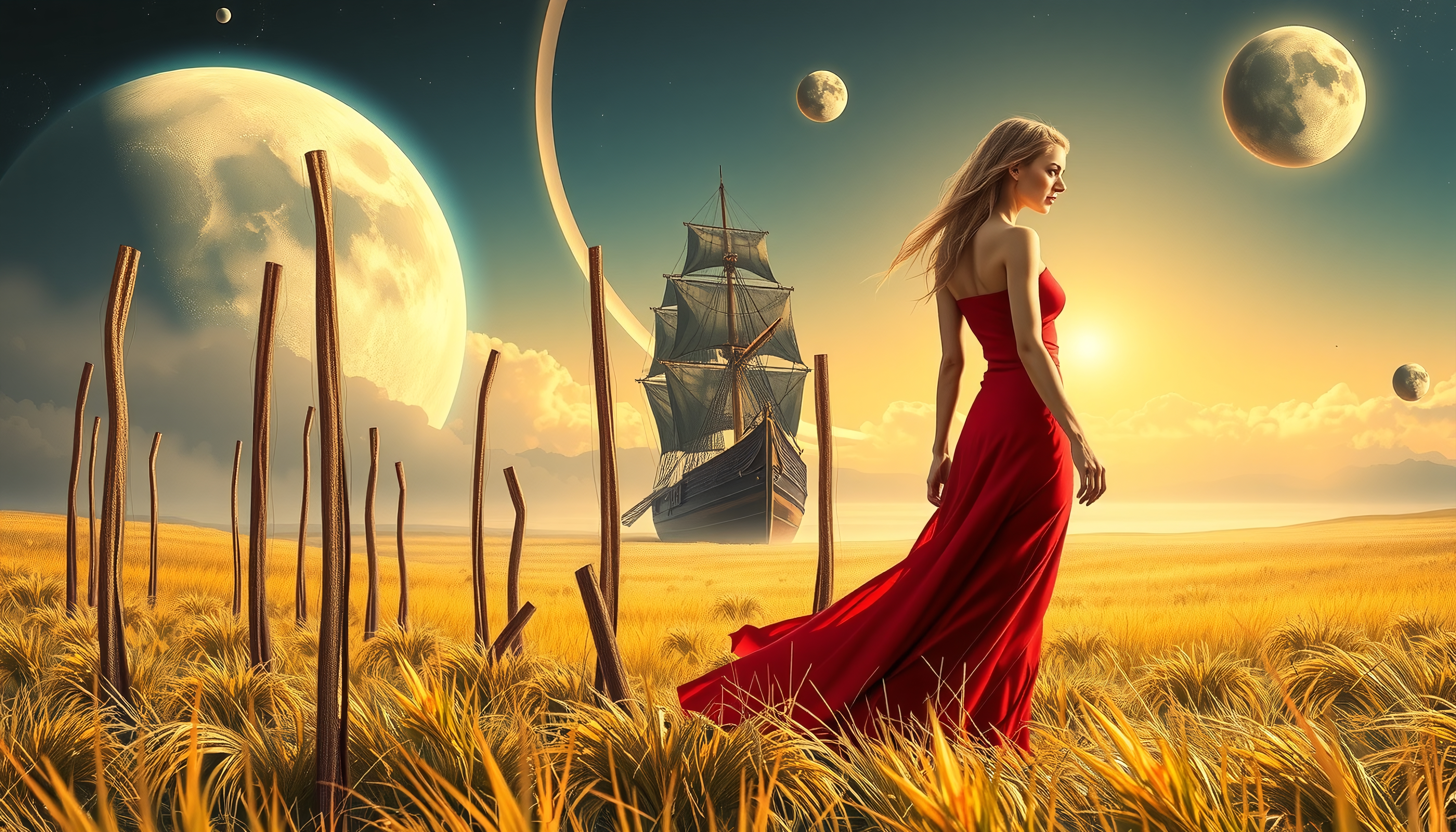 A woman in a red dress stands in a golden field with celestial bodies and a ship in the background, creating a surreal, fantasy atmosphere.
