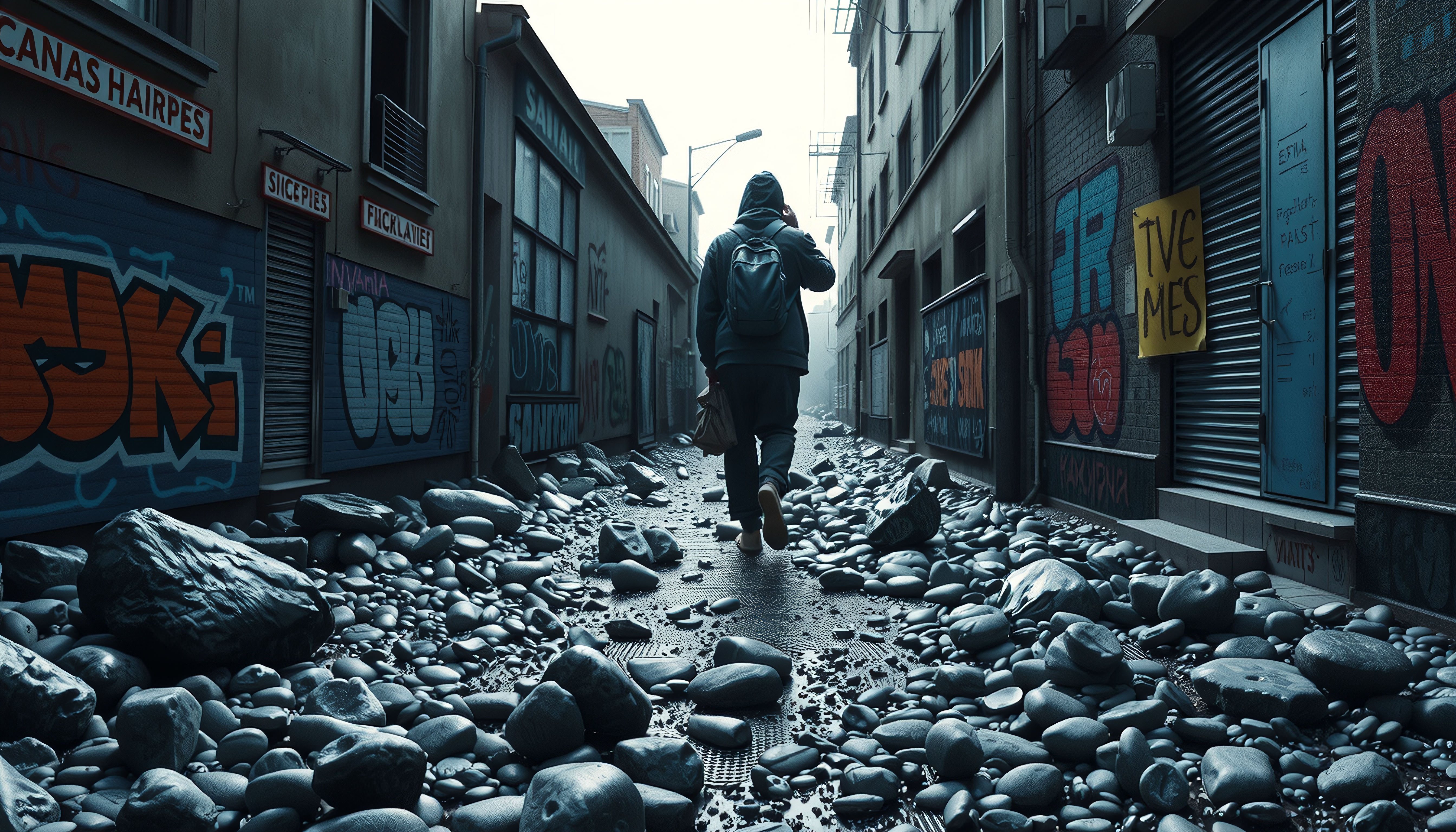 Urban Alley with Rock Debris and Graffiti Art