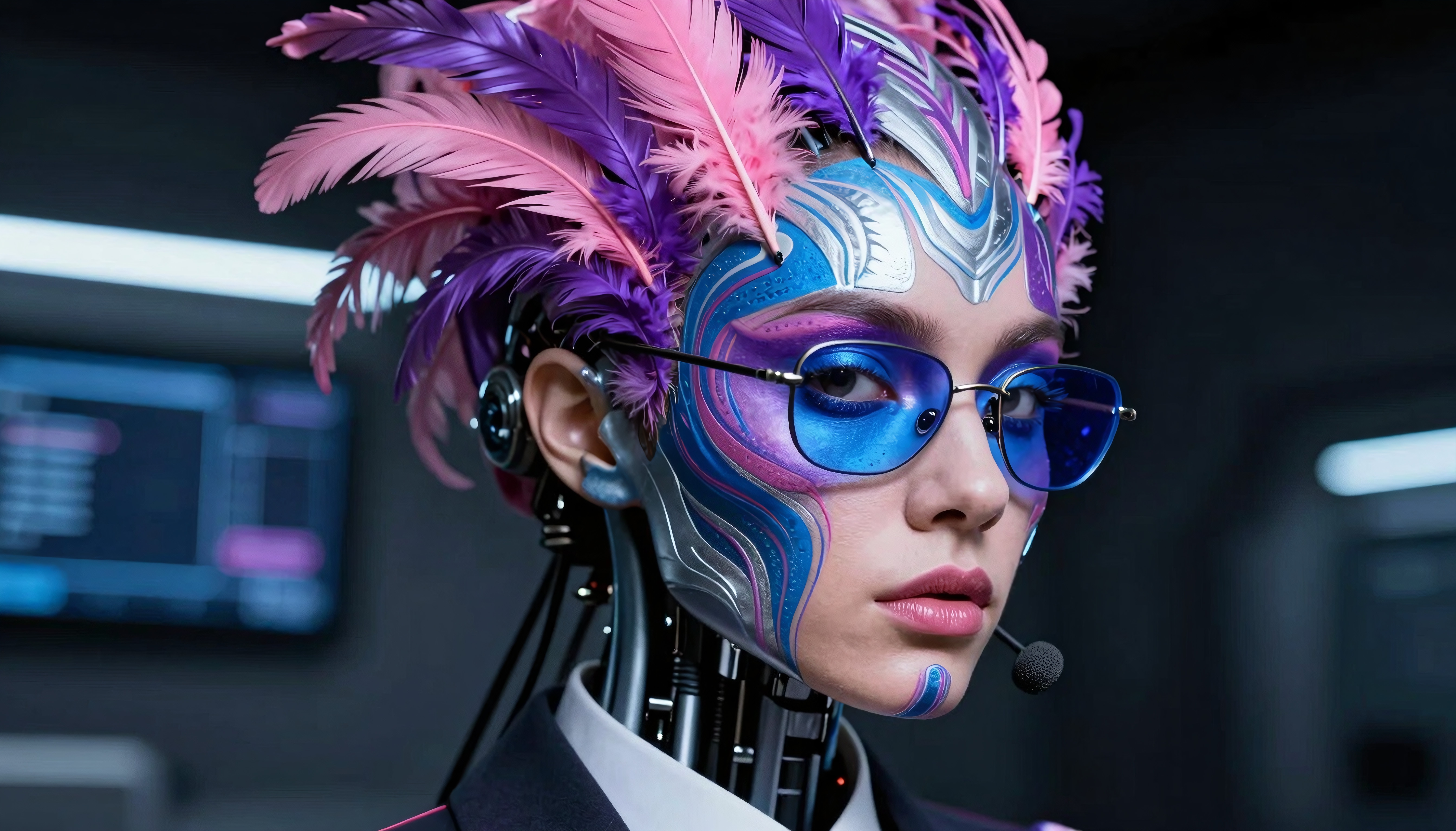Futuristic humanoid robot with intricate facial patterns, blue-tinted glasses, and vibrant feather adornments in a high-tech setting.