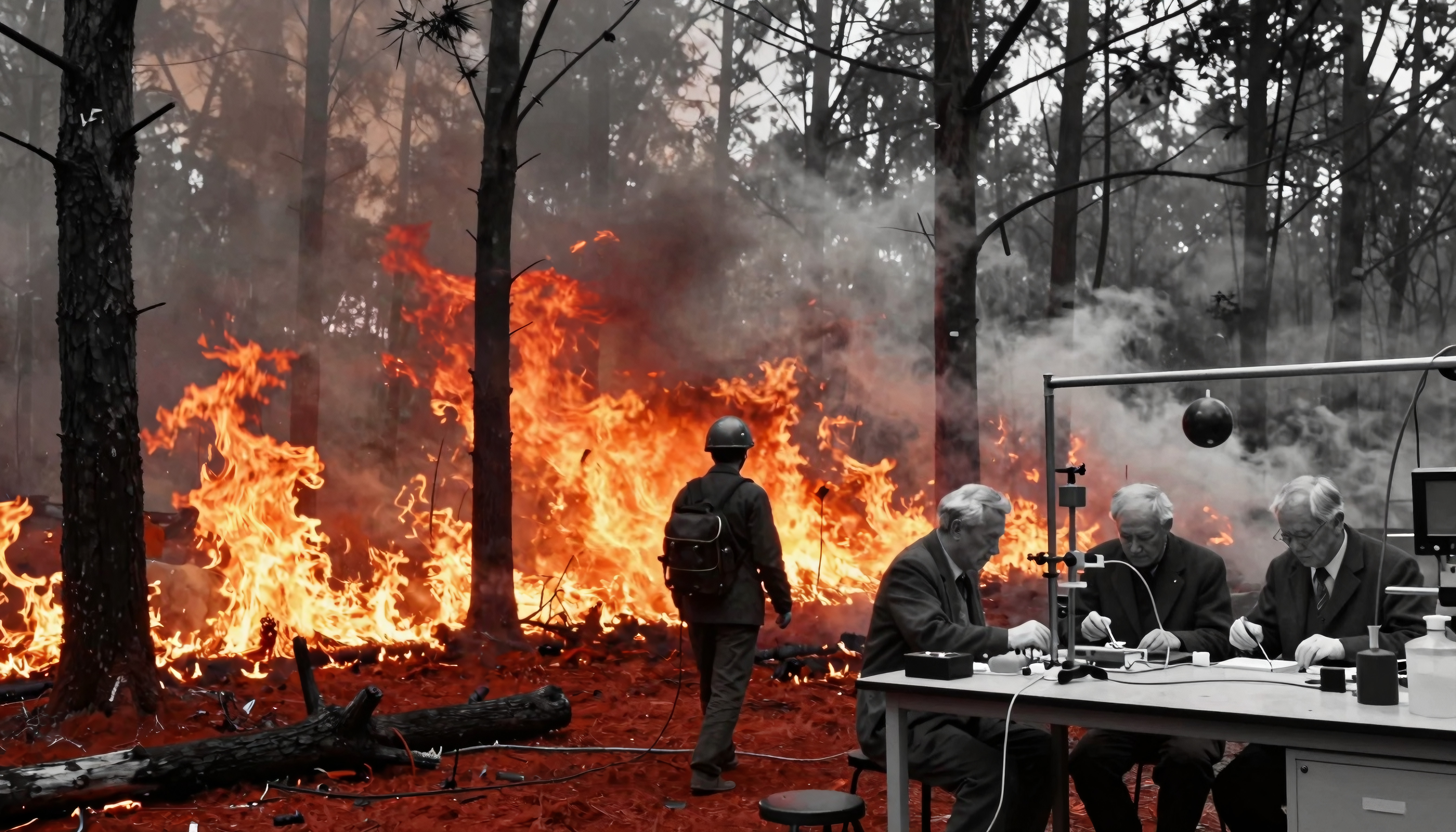 Scientists conducting lab research during a forest fire with flames and smoke, contrasting natural disaster and scientific study