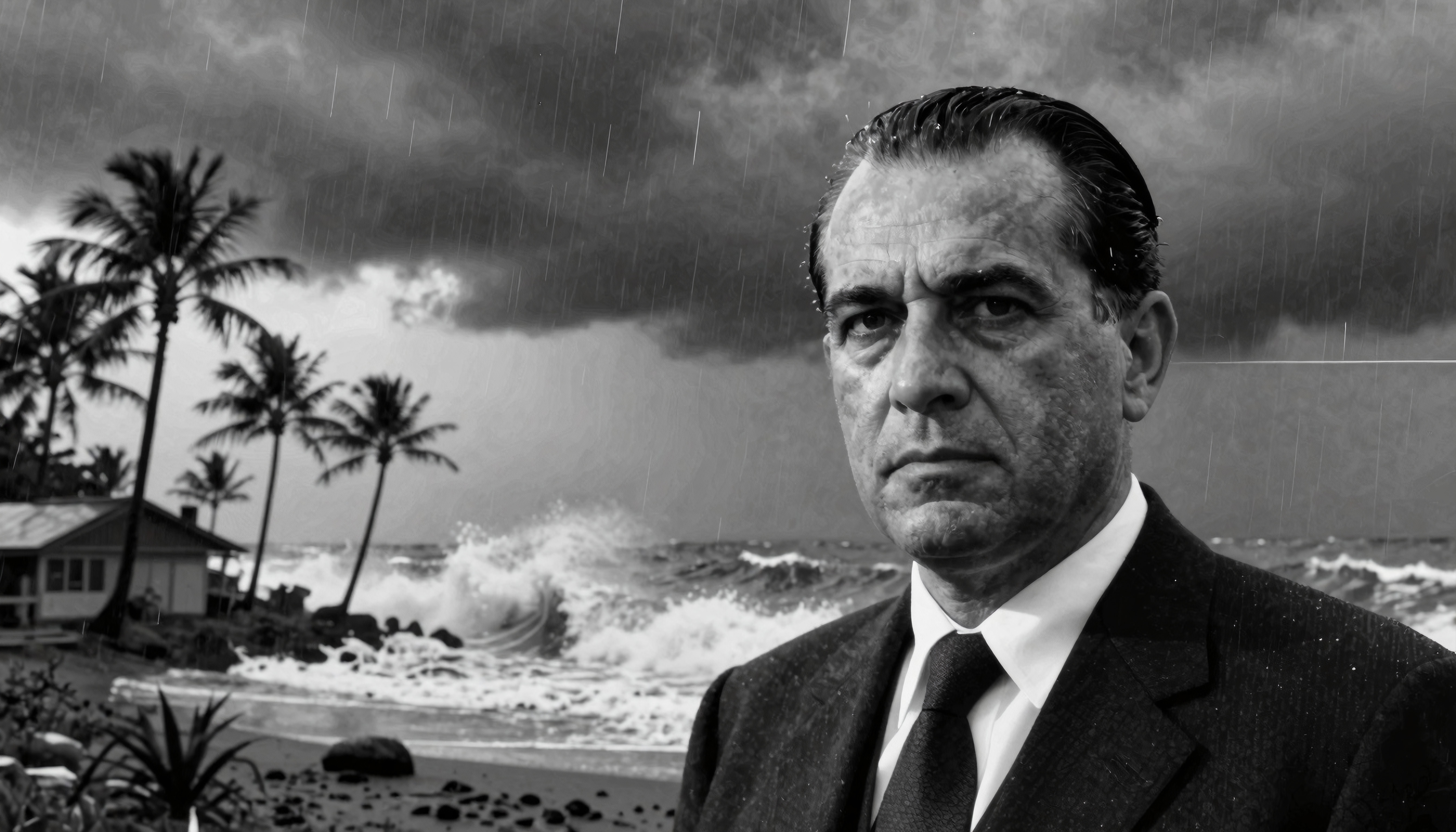 A man in a suit stands against a stormy beachfront with crashing waves and palm trees in the background.