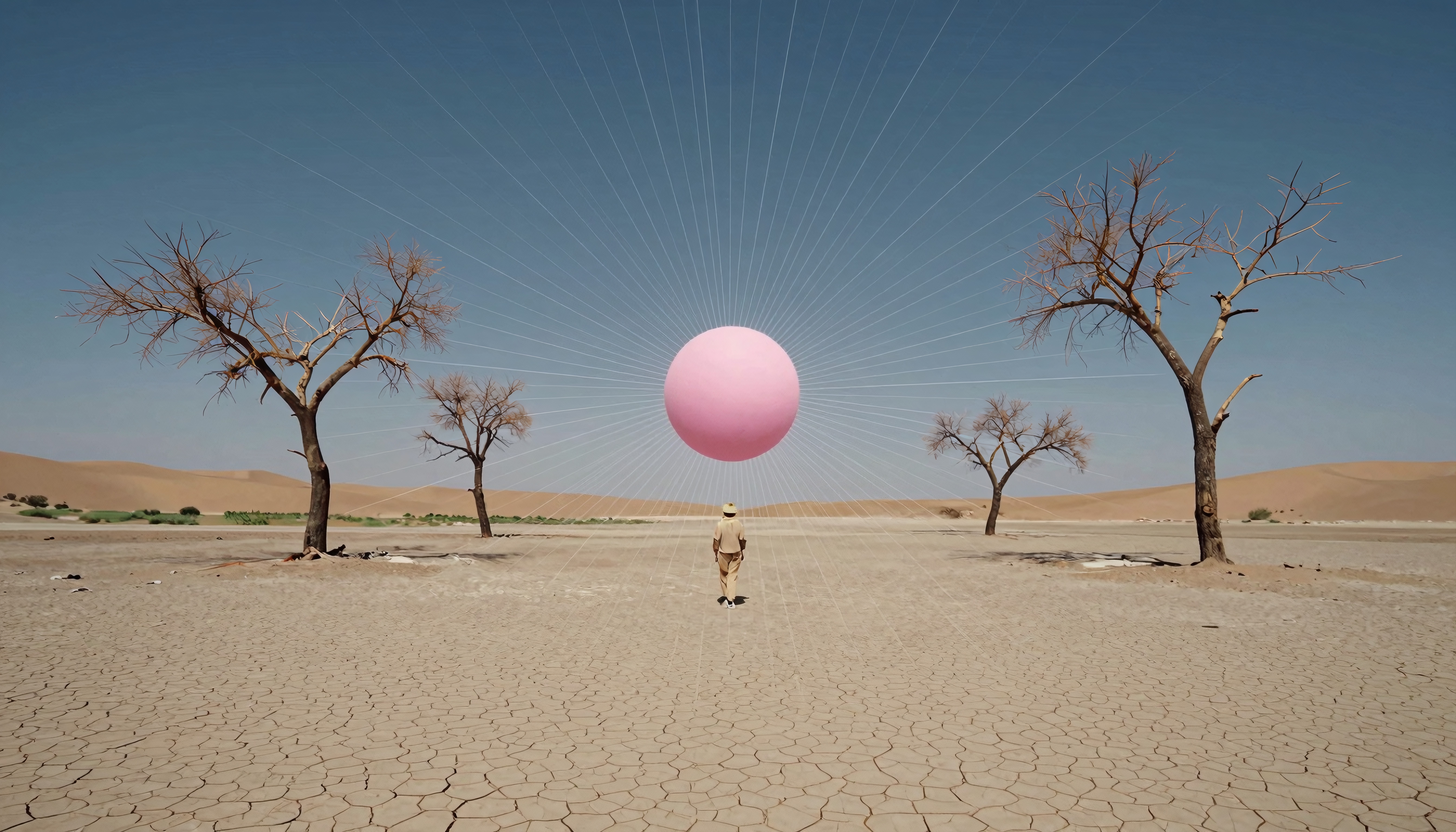 A person in a hat faces a floating pink sphere in a barren desert landscape.