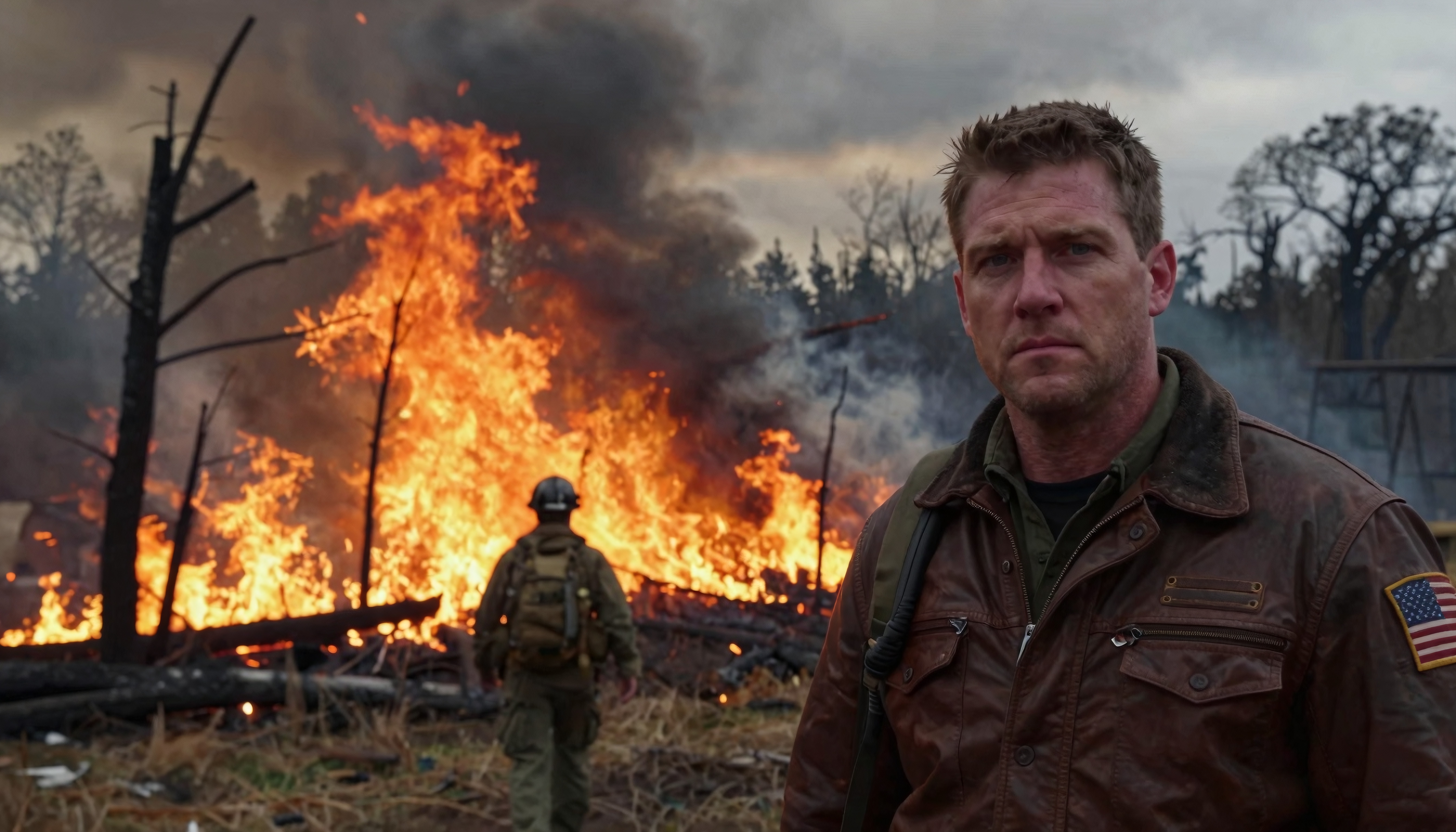 A man stands before a fierce forest fire, conveying urgency and intensity.