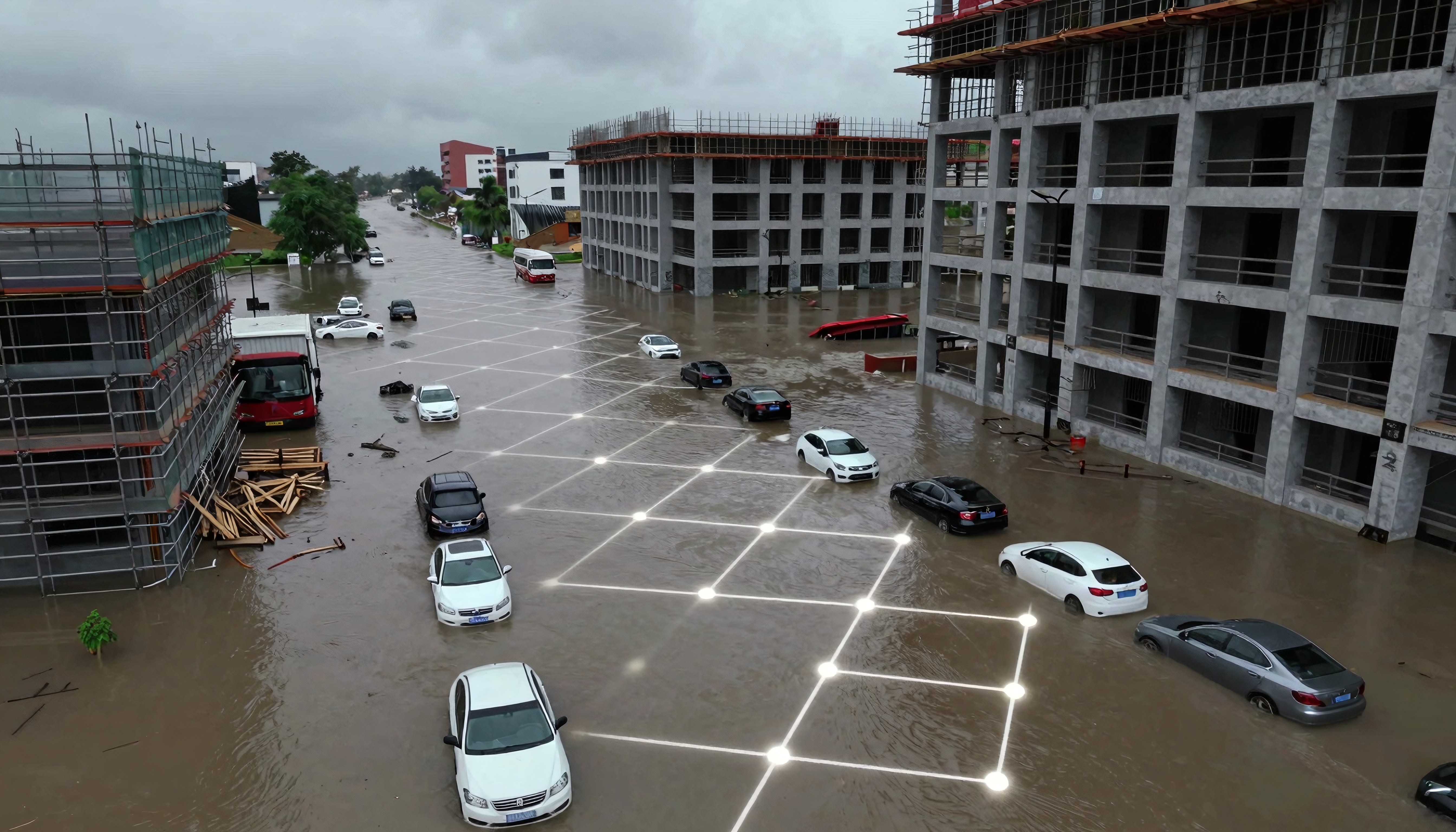 A flooded street with stranded cars and construction sites under dark skies.