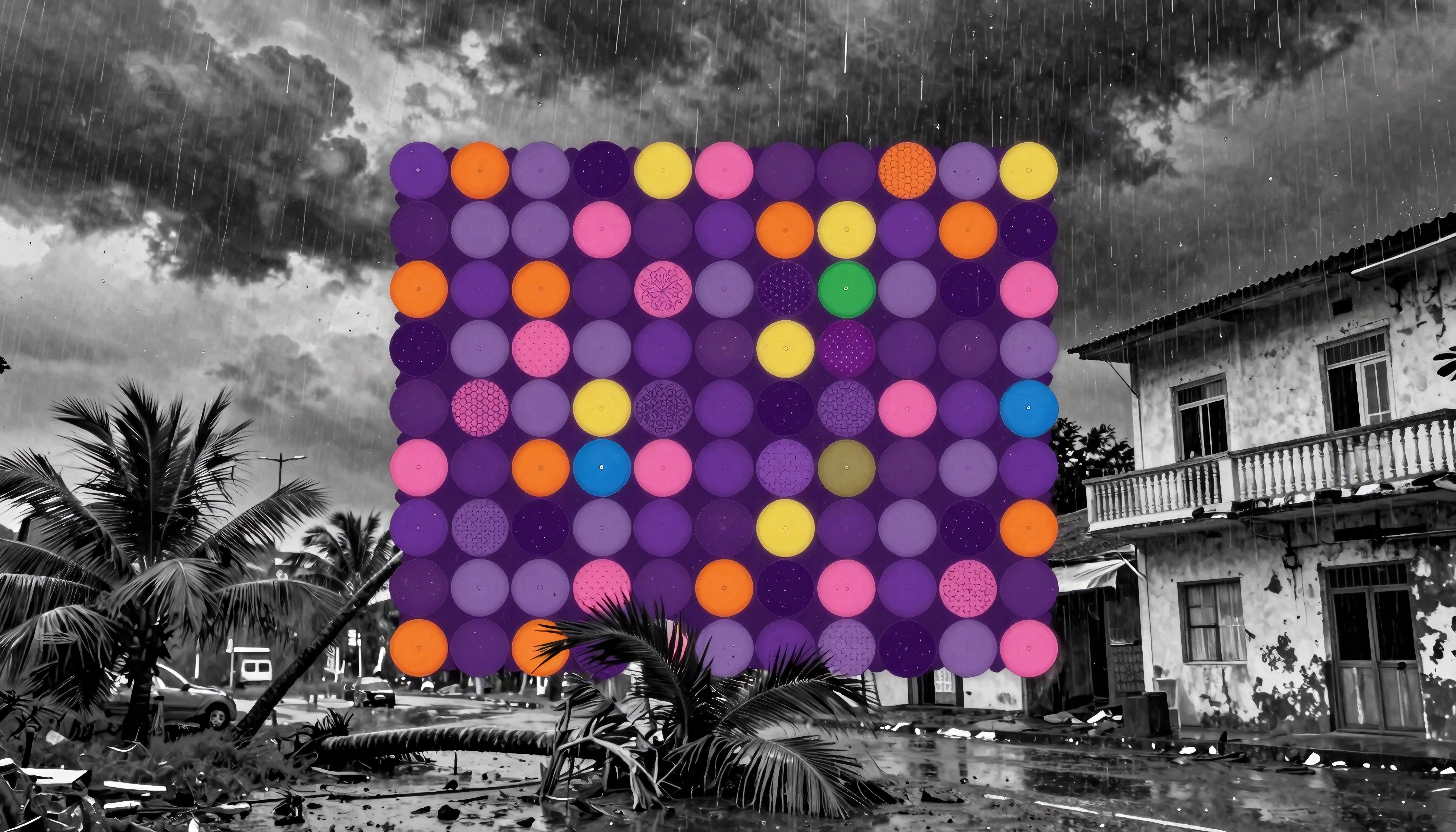 Vivid multicolored circles overlay on a stormy black and white scene with palm trees and a weathered house.