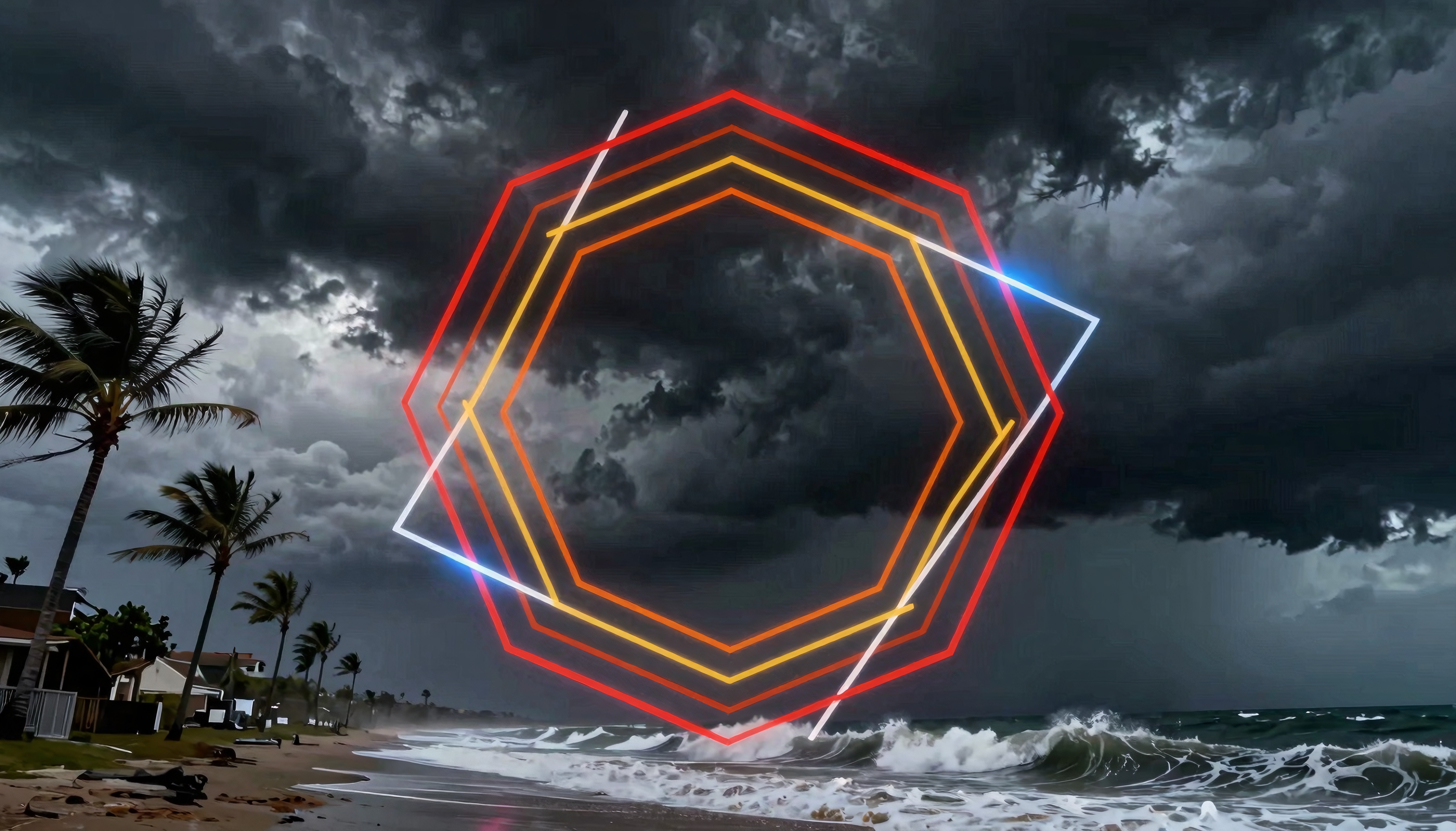 A stormy beach scene with neon geometric lines illuminating the dark, cloudy sky and crashing ocean waves.