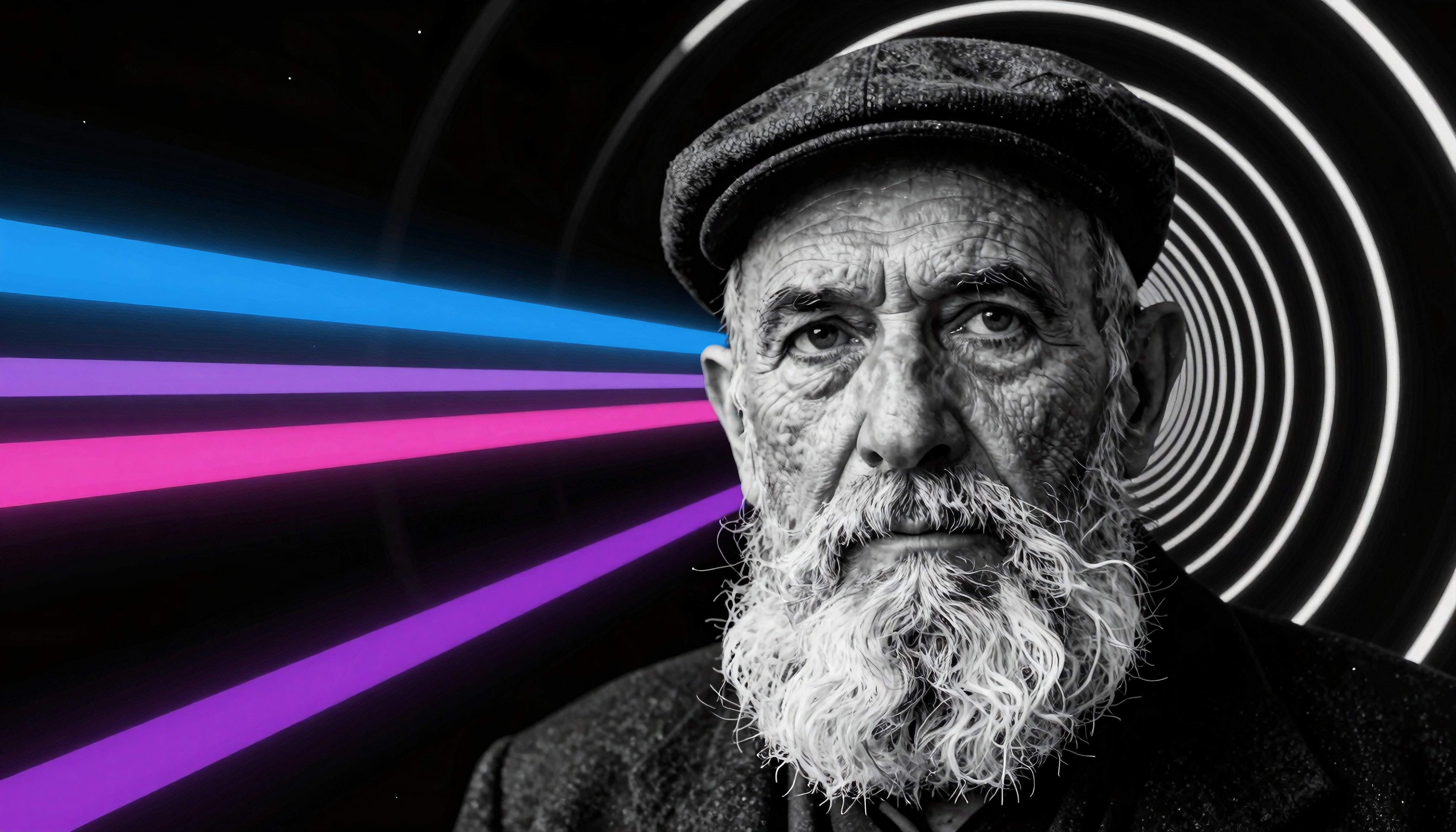 Portrait of an elderly man with a vibrant psychedelic background featuring neon light beams and a spiral pattern.