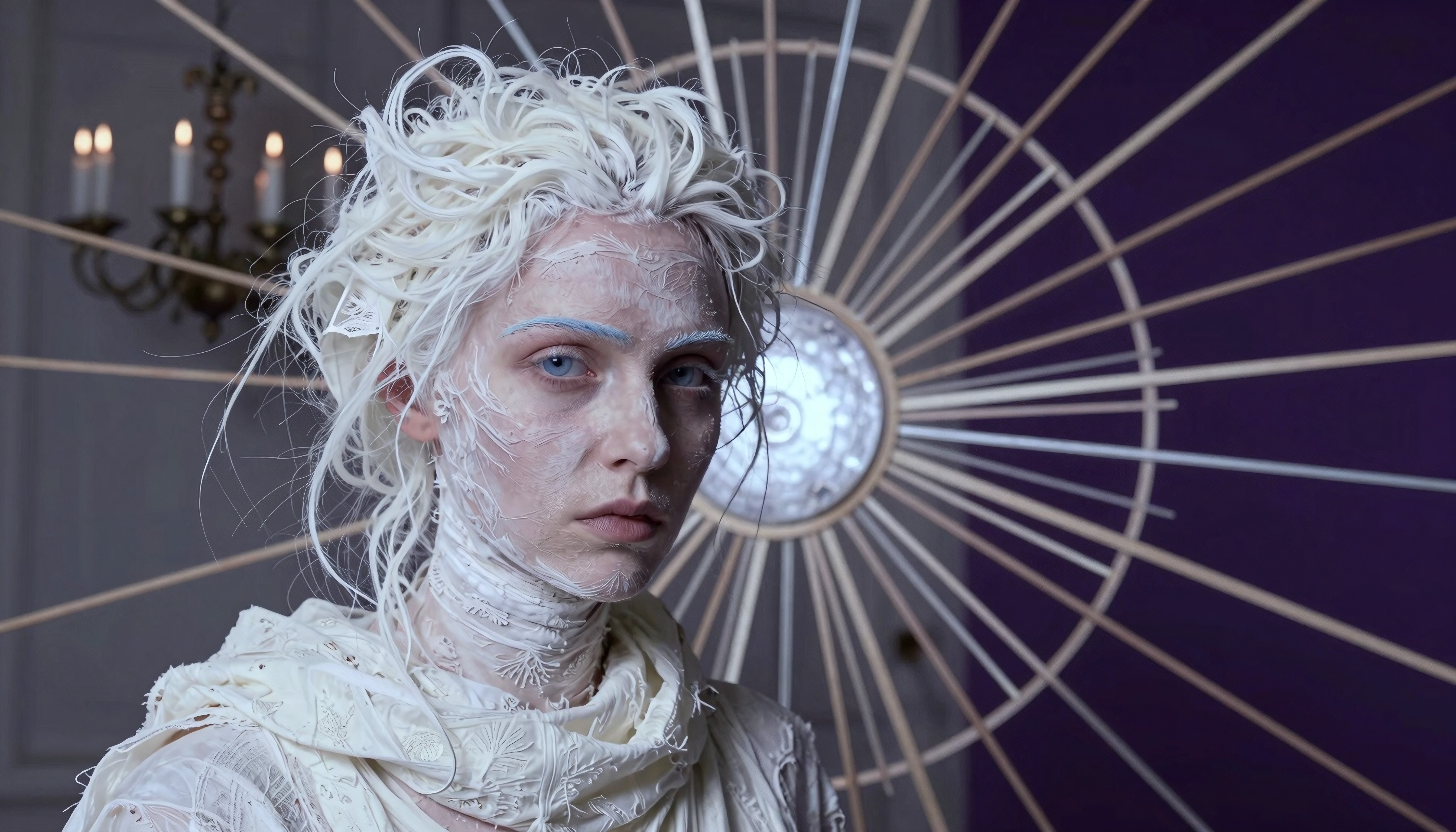A person with white hair and ethereal facial patterns in front of a sunburst design.