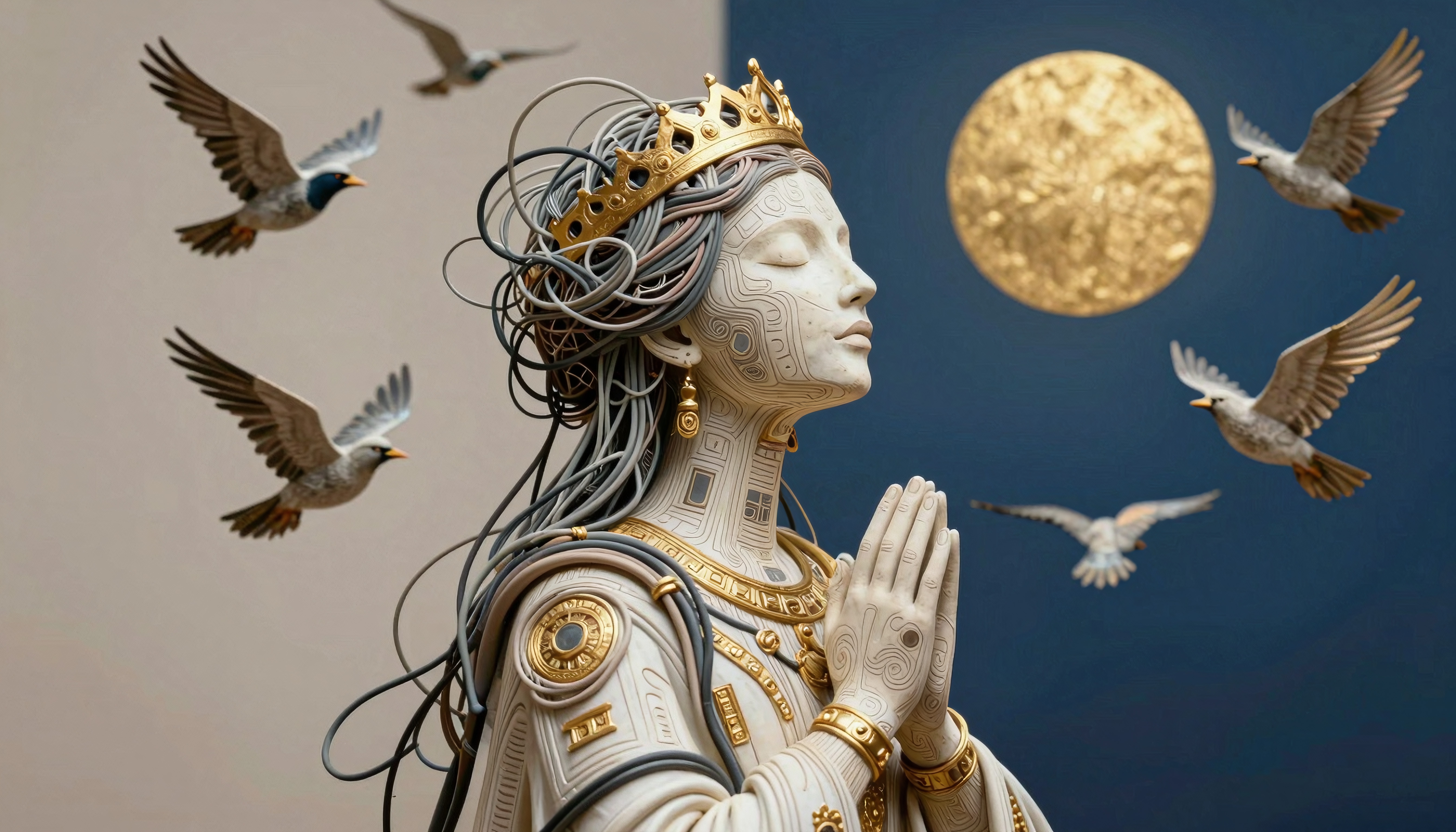 Intricate sculpture of a regal female figure surrounded by birds against dual-tone background.
