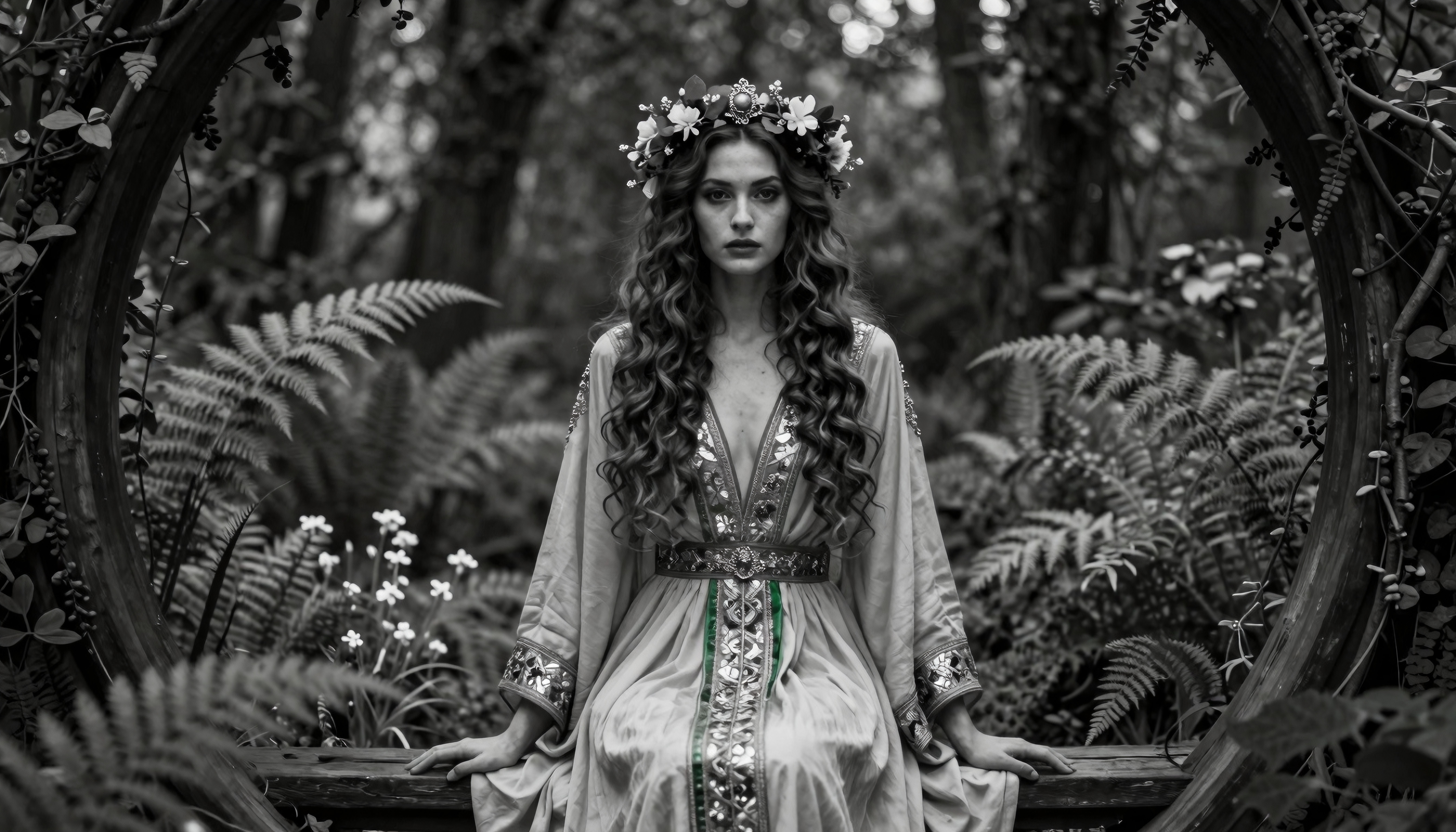 A woman in an ornate dress sits in a mystical forest, crowned with flowers.