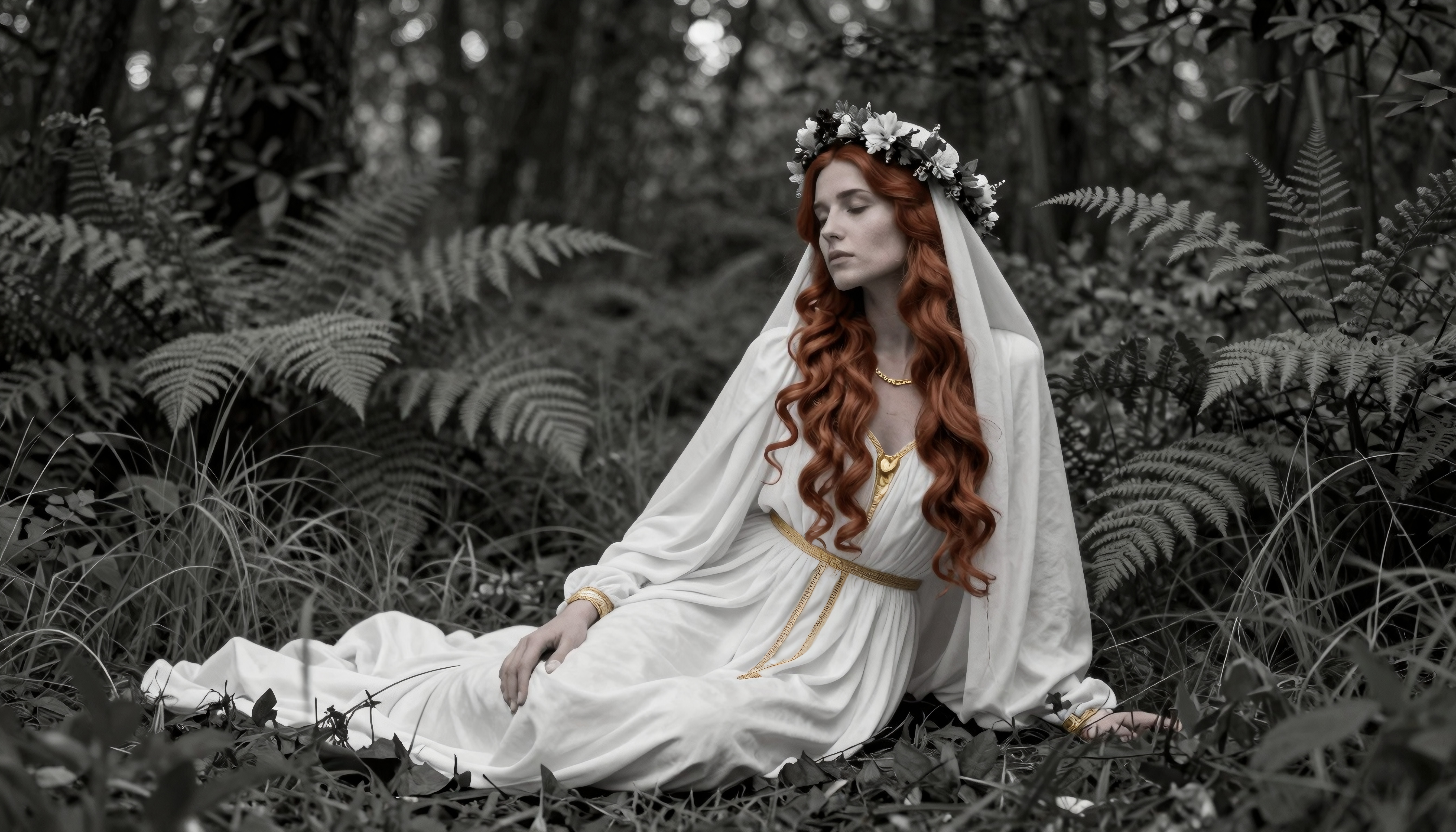 A woman in a white gown sits peacefully in a lush forest surrounded by ferns.