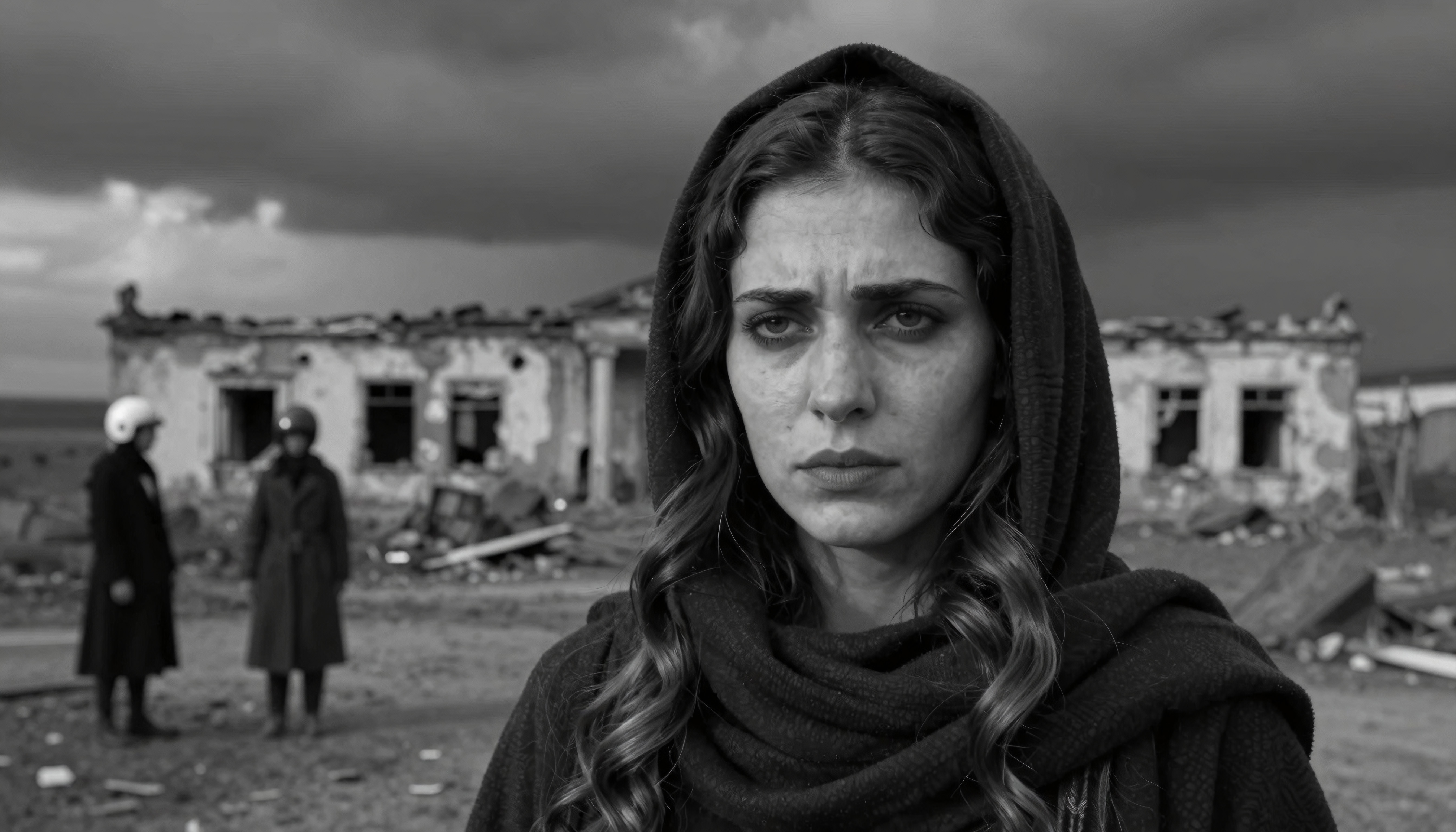 A young woman stands in front of ruins under a cloudy sky.