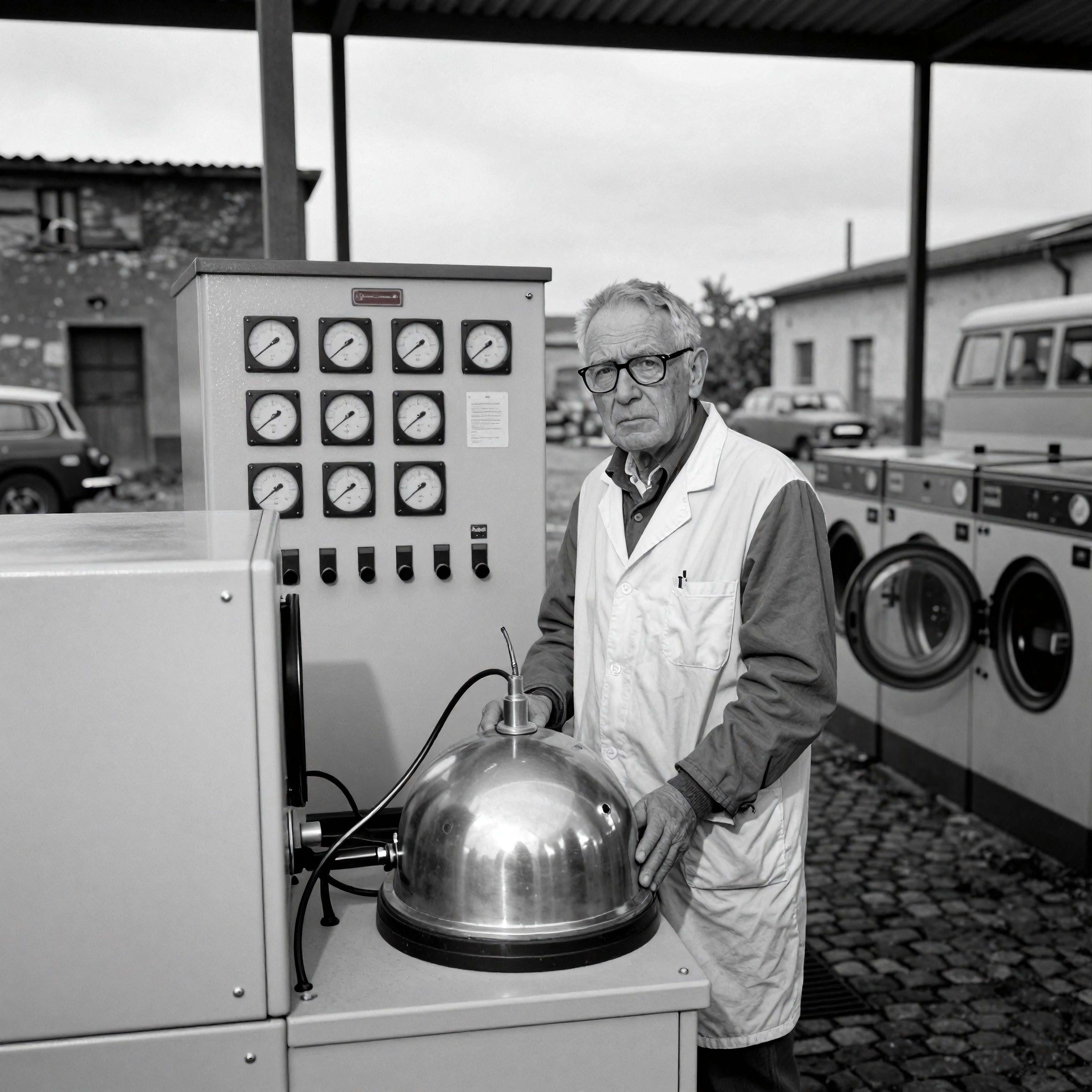 An elderly engineer in a lab coat works with industrial machinery in a vintage outdoor setting.