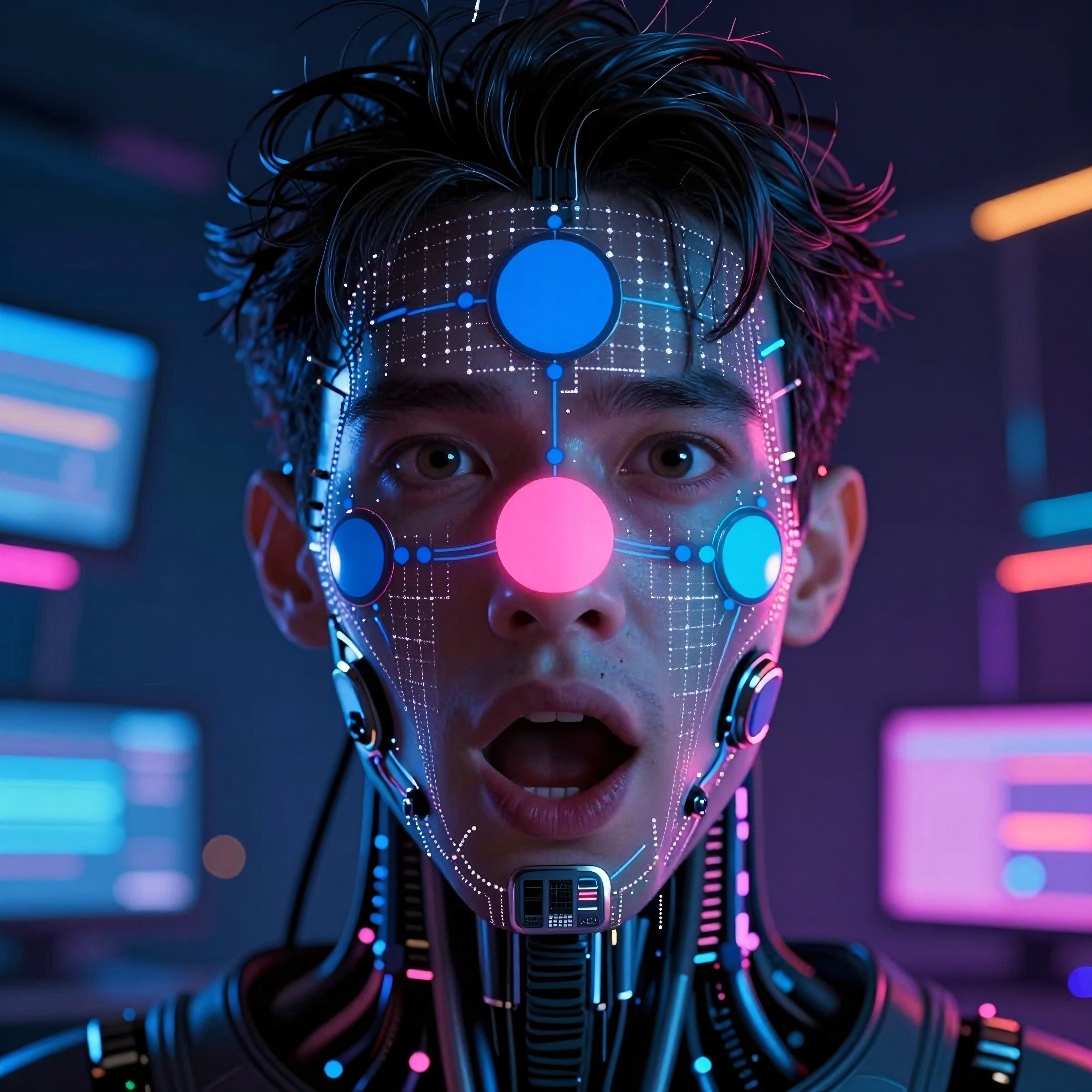 Cybernetic Human with Neon Tech Interfaces in Futuristic Lab