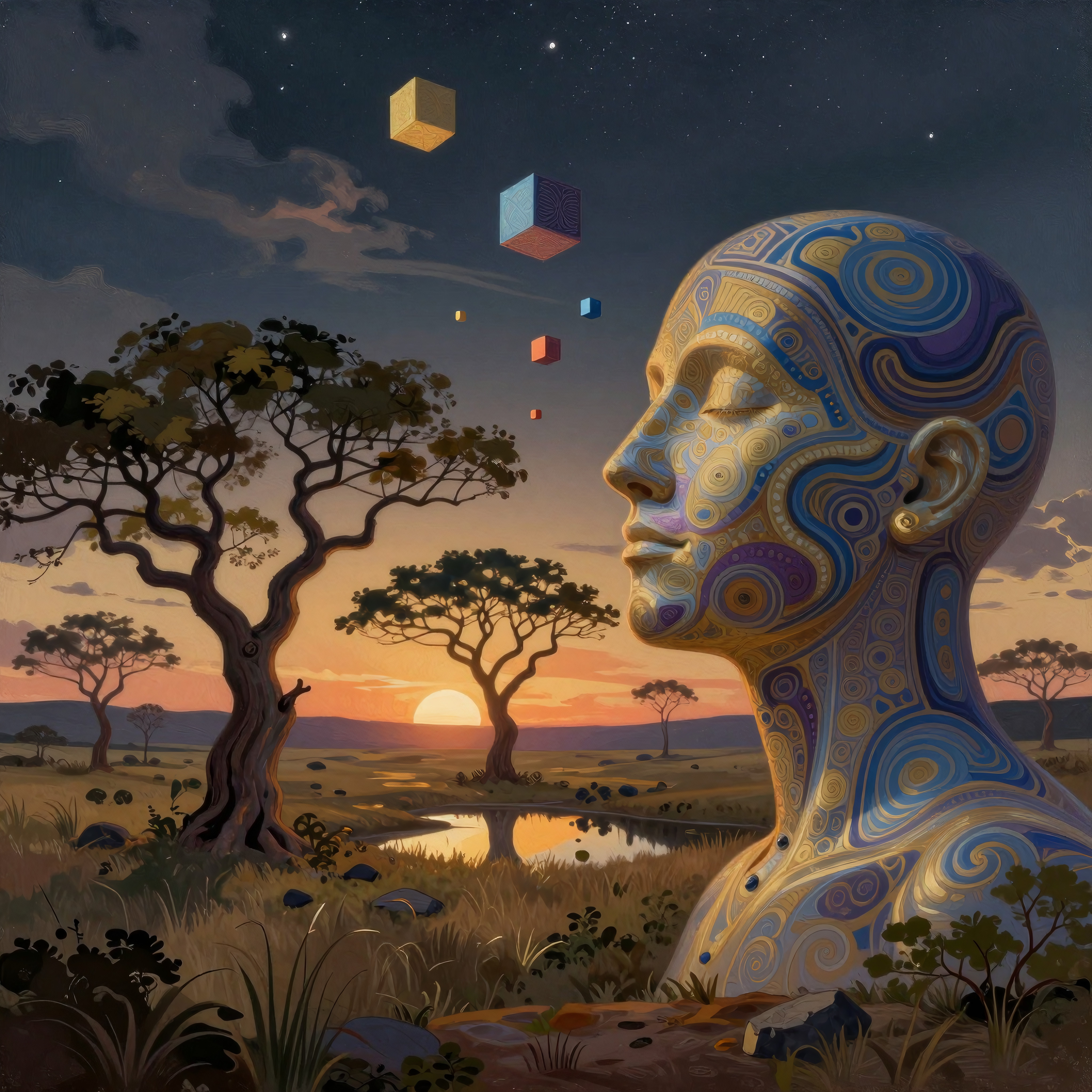 A sculpted head with colorful patterns set against a surreal sunset landscape with floating cubes and savanna trees.