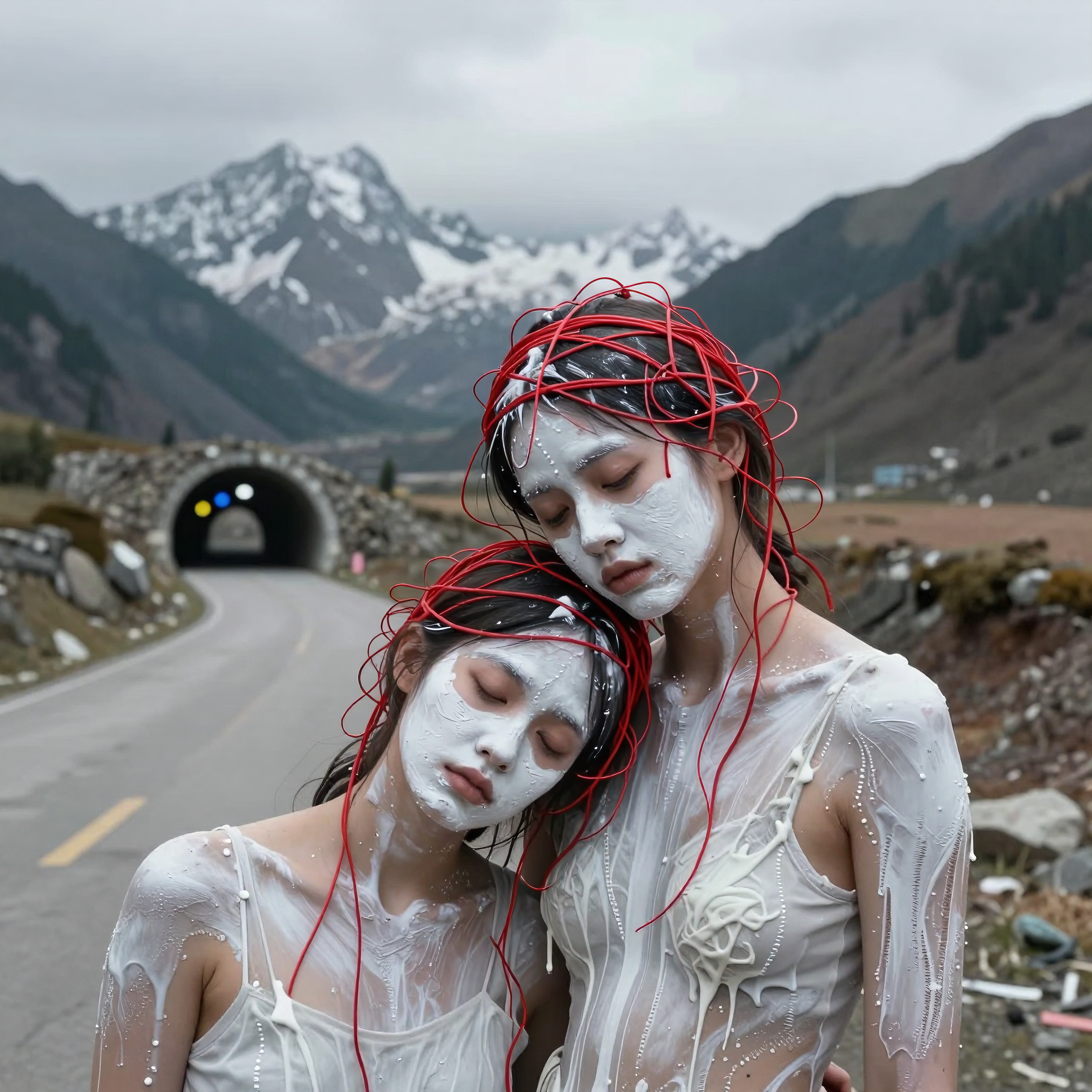 Two women covered in white paint stand closely on a mountain road with red wires wrapped around their heads, set against a dramatic landscape.