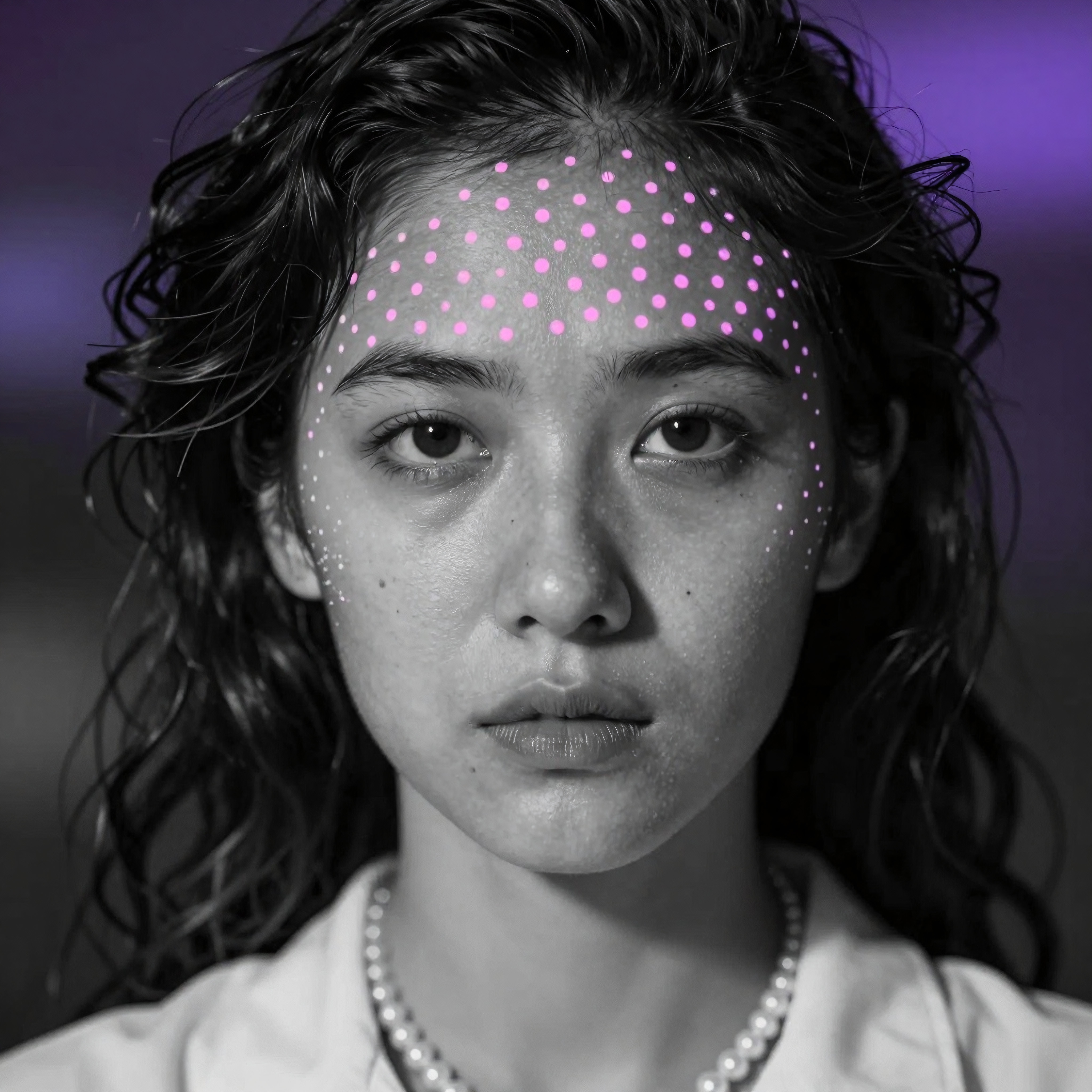 Artistic black and white portrait of a young woman with pink dots.