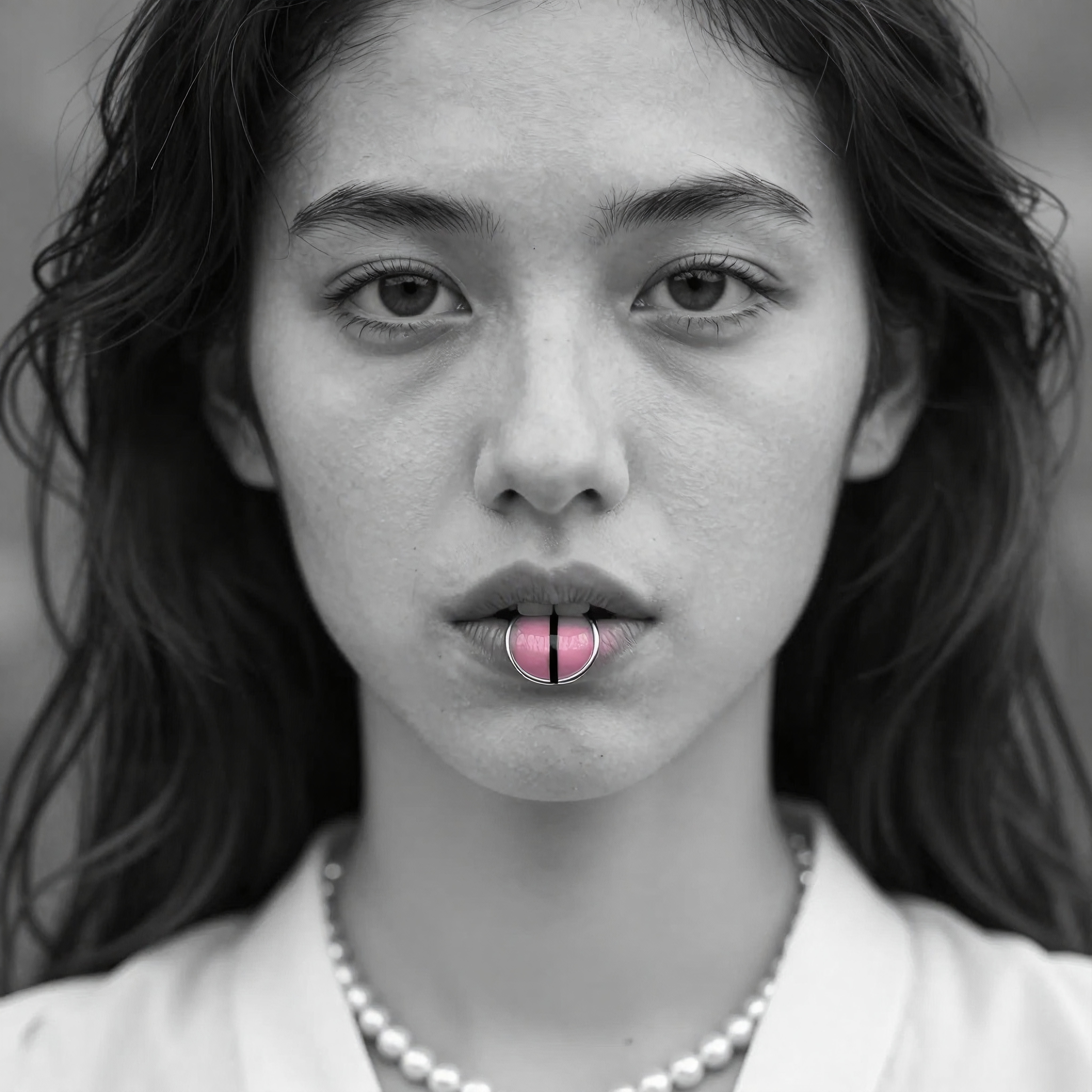 A black-and-white portrait featuring a woman with a pink basketball tongue, blending surrealism with elegance.