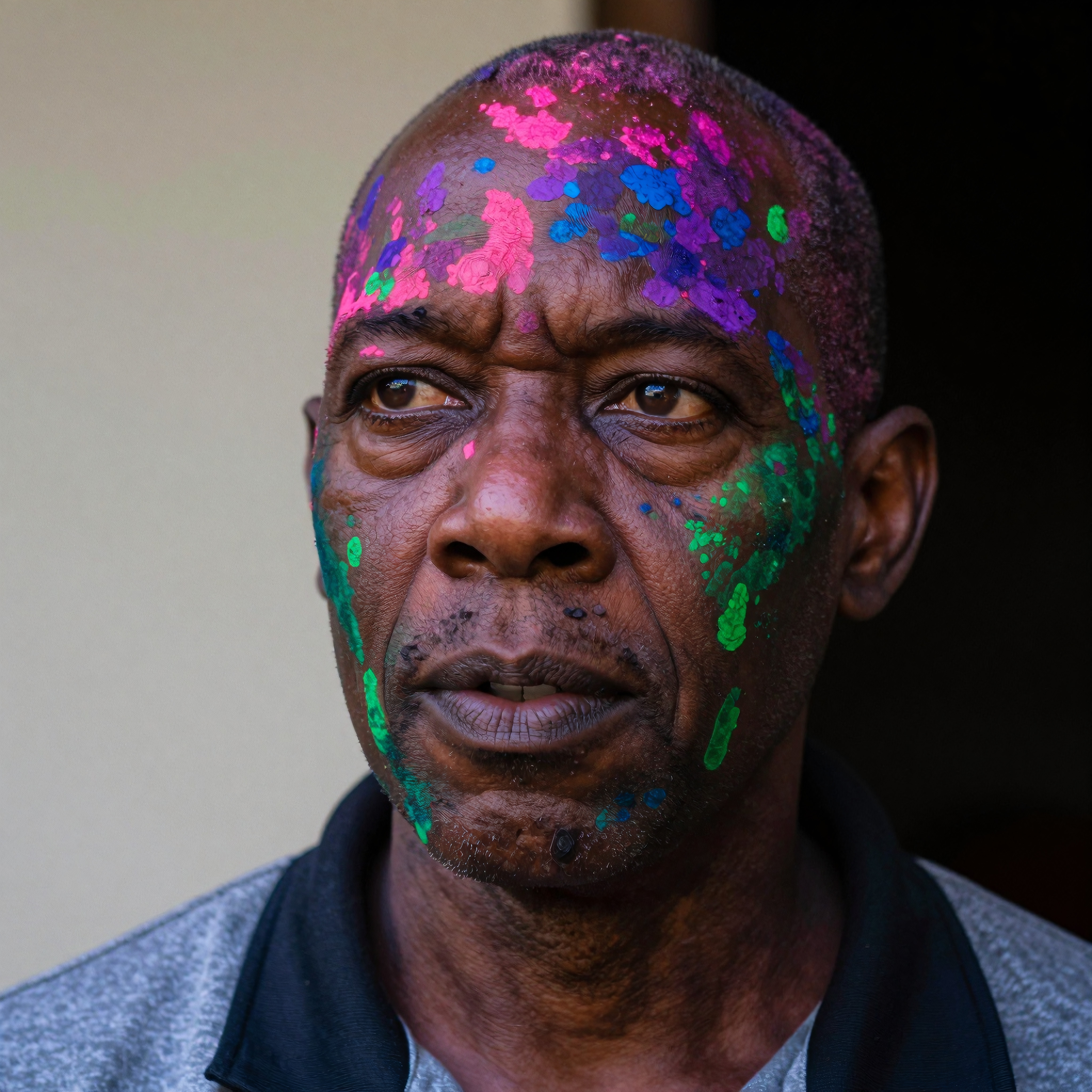 A man with colorful paint splatters on his face looks intently into the distance.