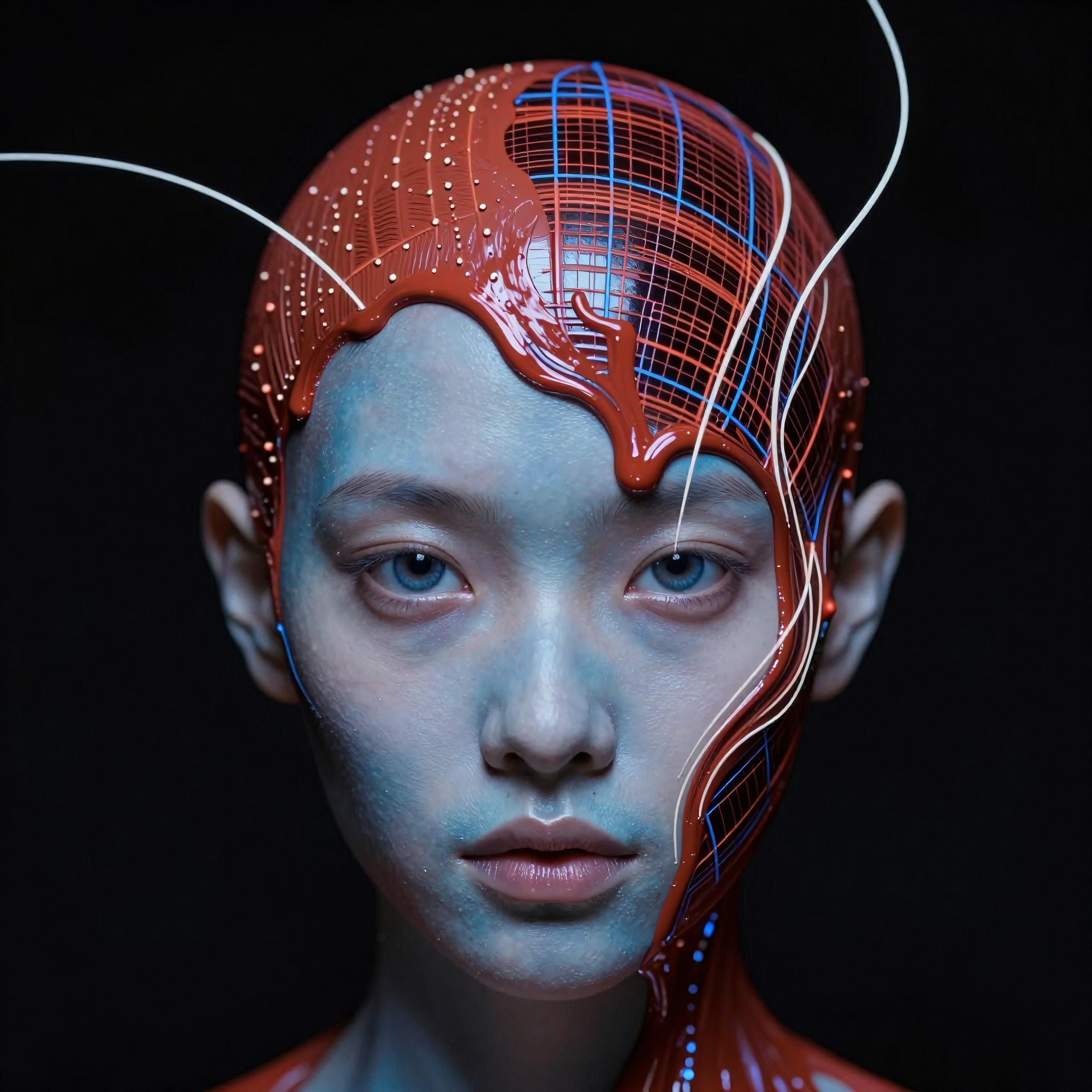 Futuristic cyborg with blue skin featuring red circuit patterns, representing human-technology fusion.