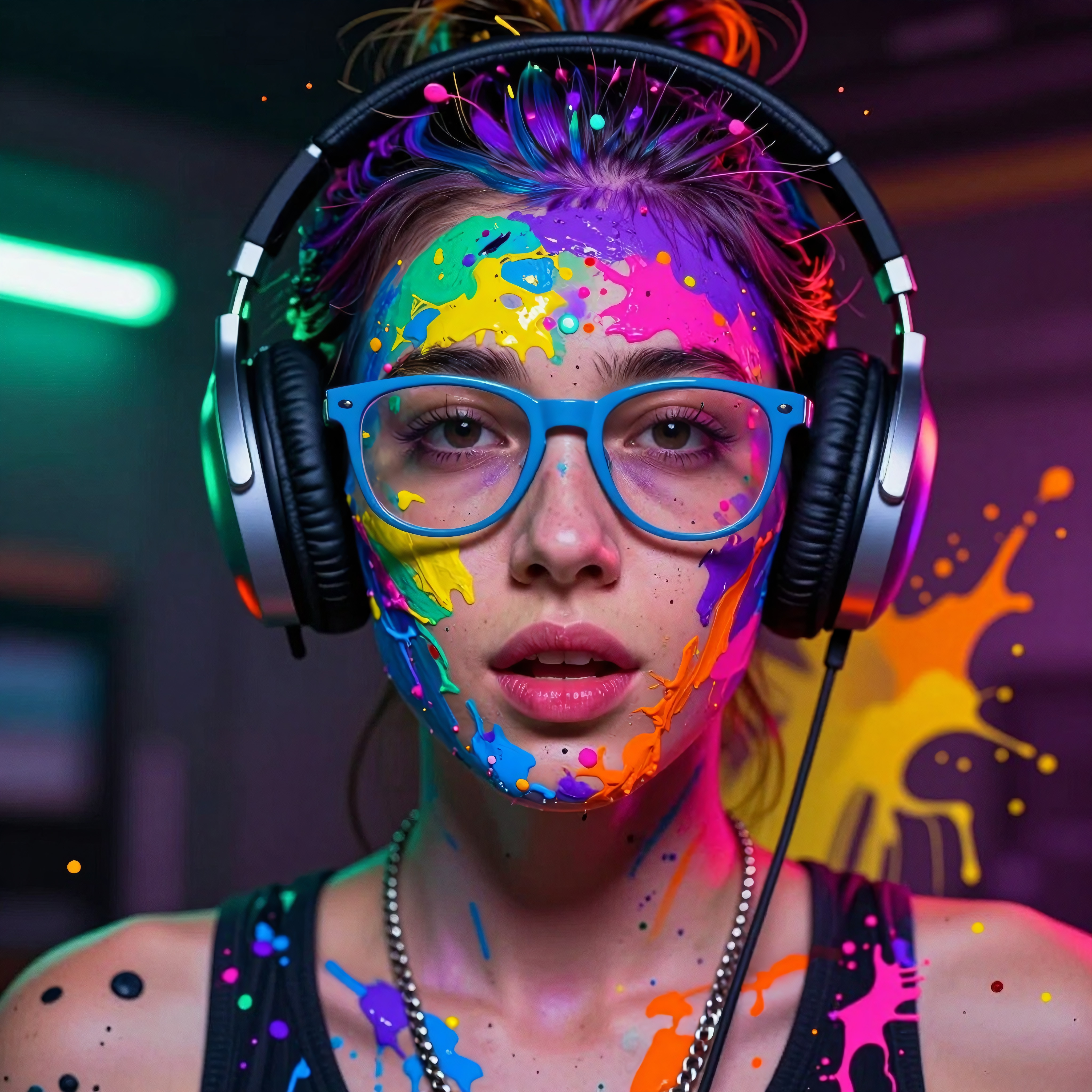 A young person with vibrant, colorful paint splatters, wearing headphones and glasses, creating an artistic look.