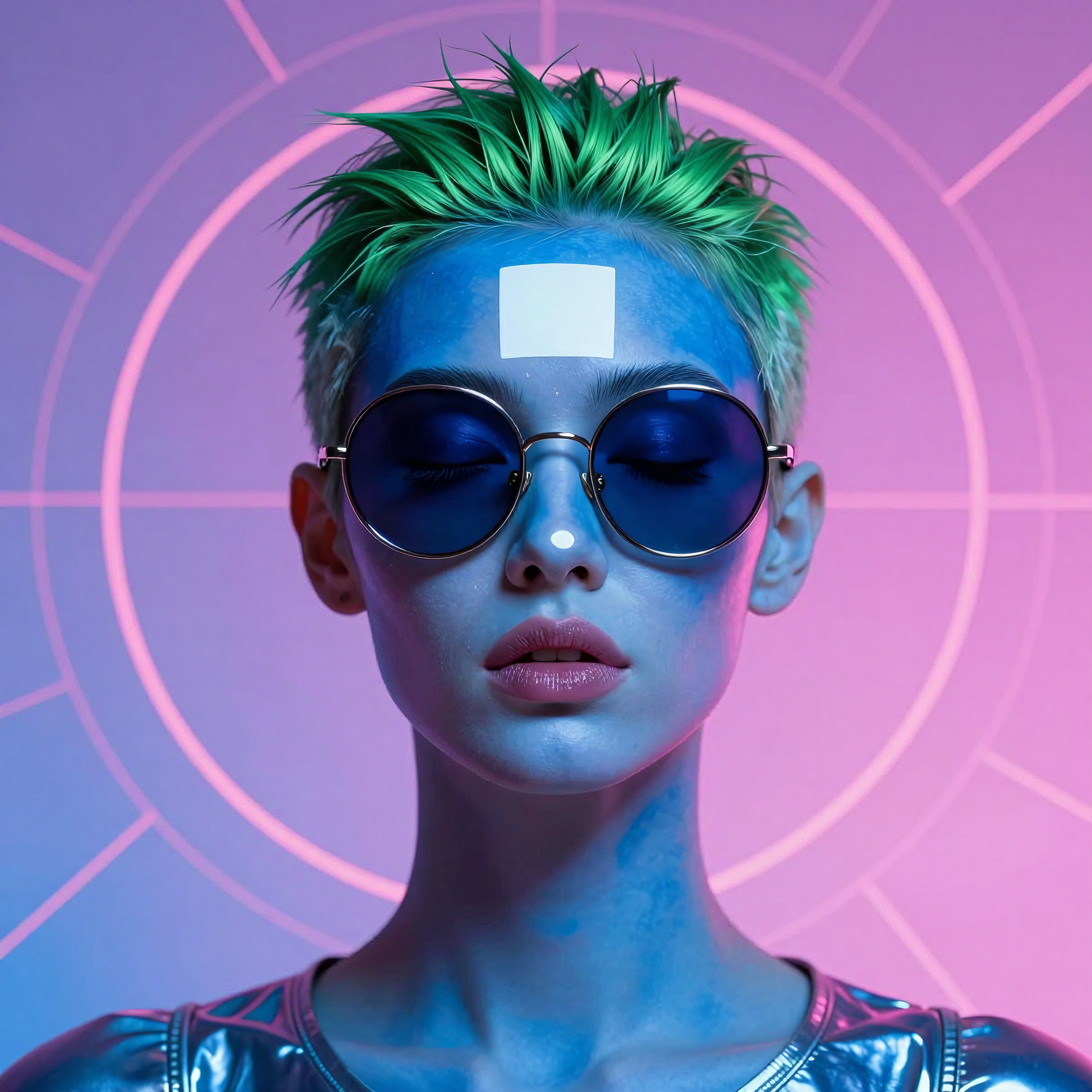 A sci-fi inspired portrait featuring a person with neon colors, futuristic sunglasses, and stylish green hair.