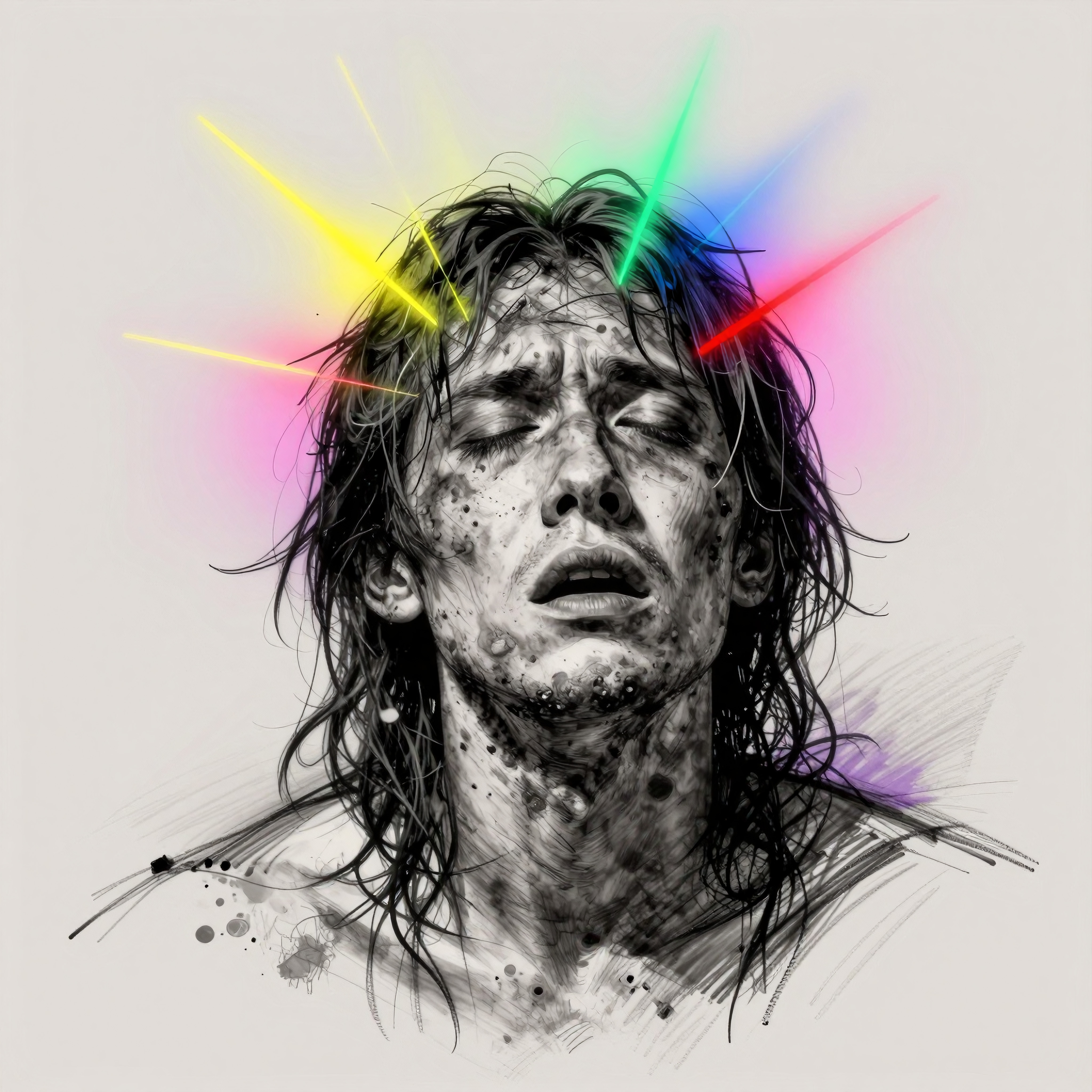 Illustration of a man with colorful beams around his head, expressing intensity.