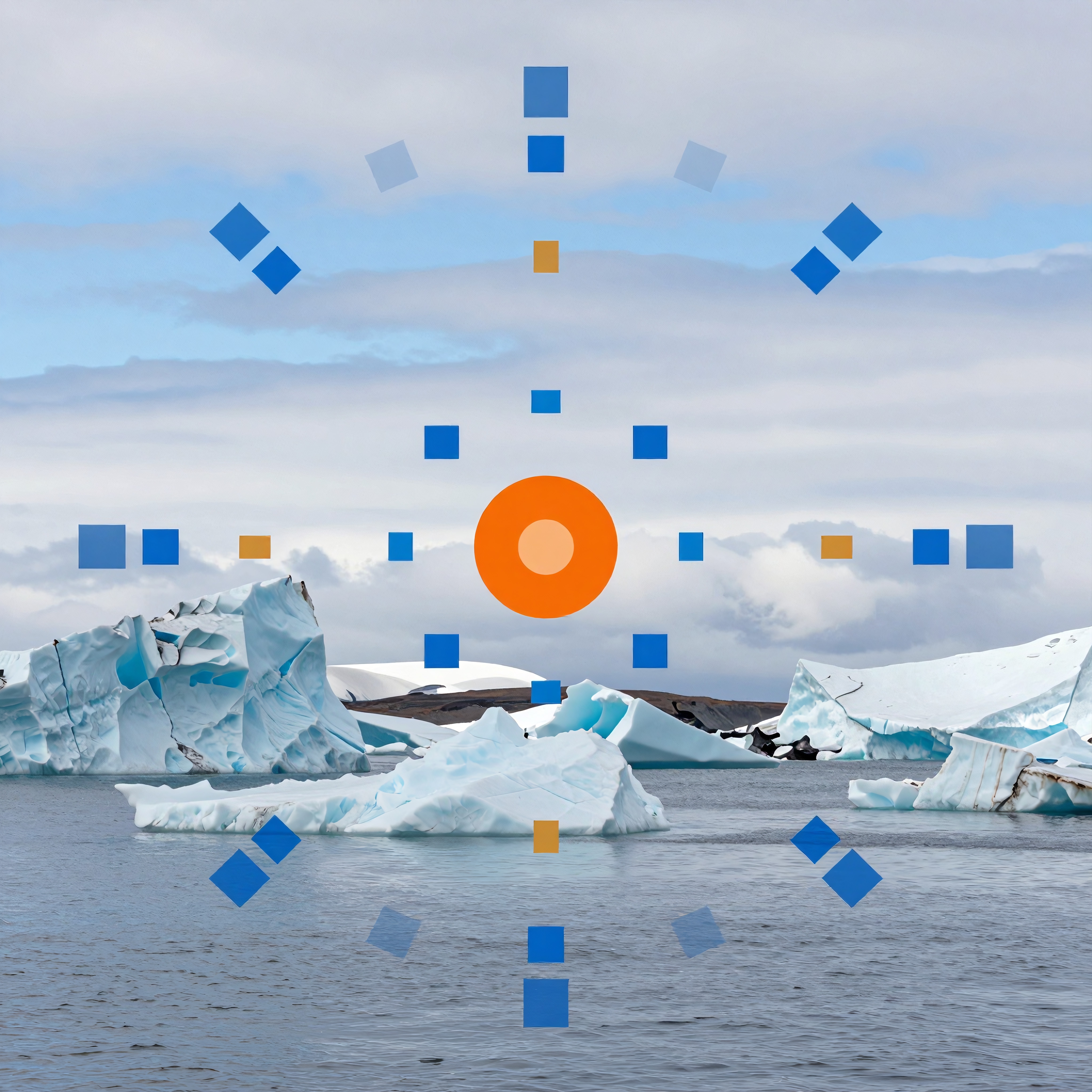 Icebergs in the ocean with geometric digital overlay.