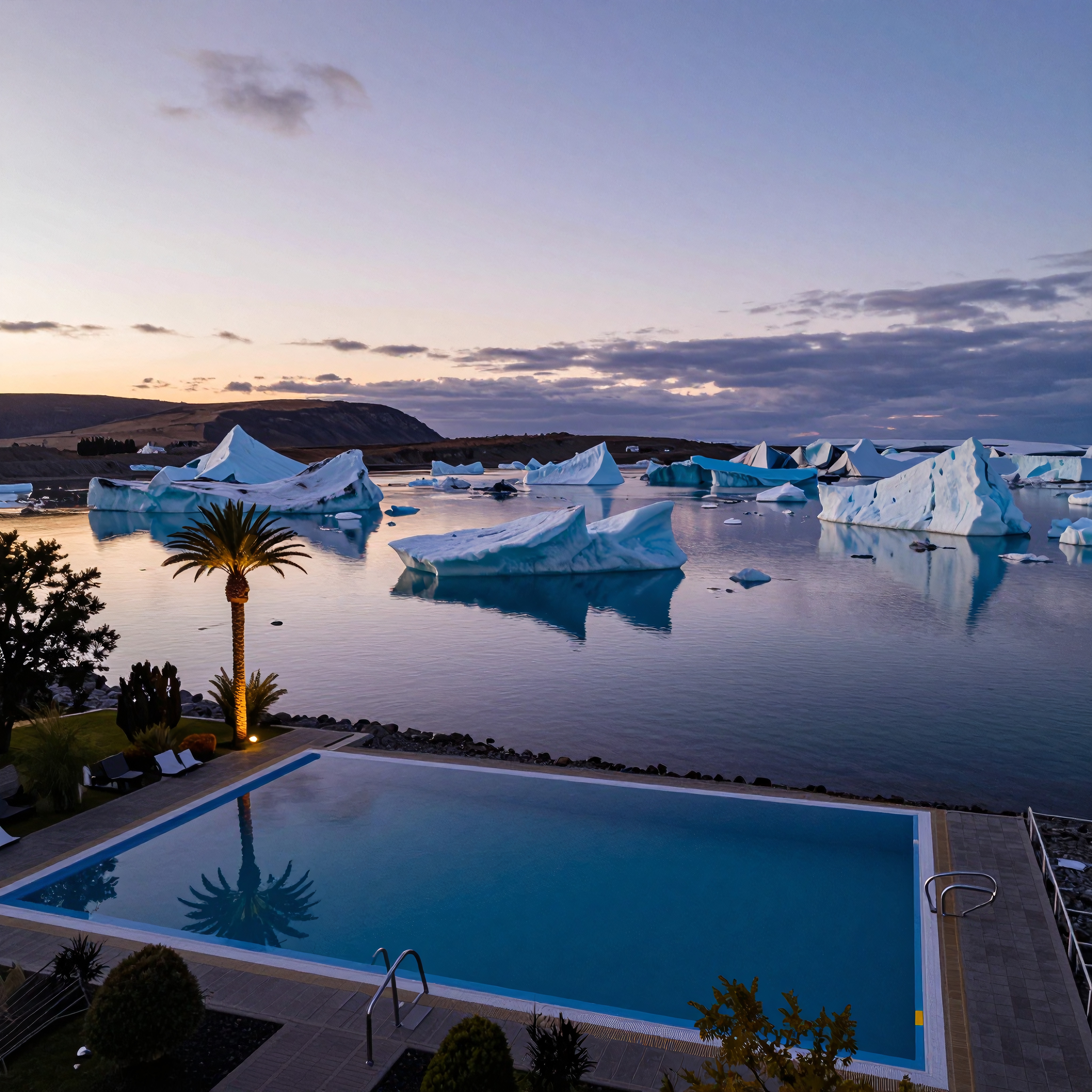 A swimming pool overlooks dramatic icebergs at sunset.