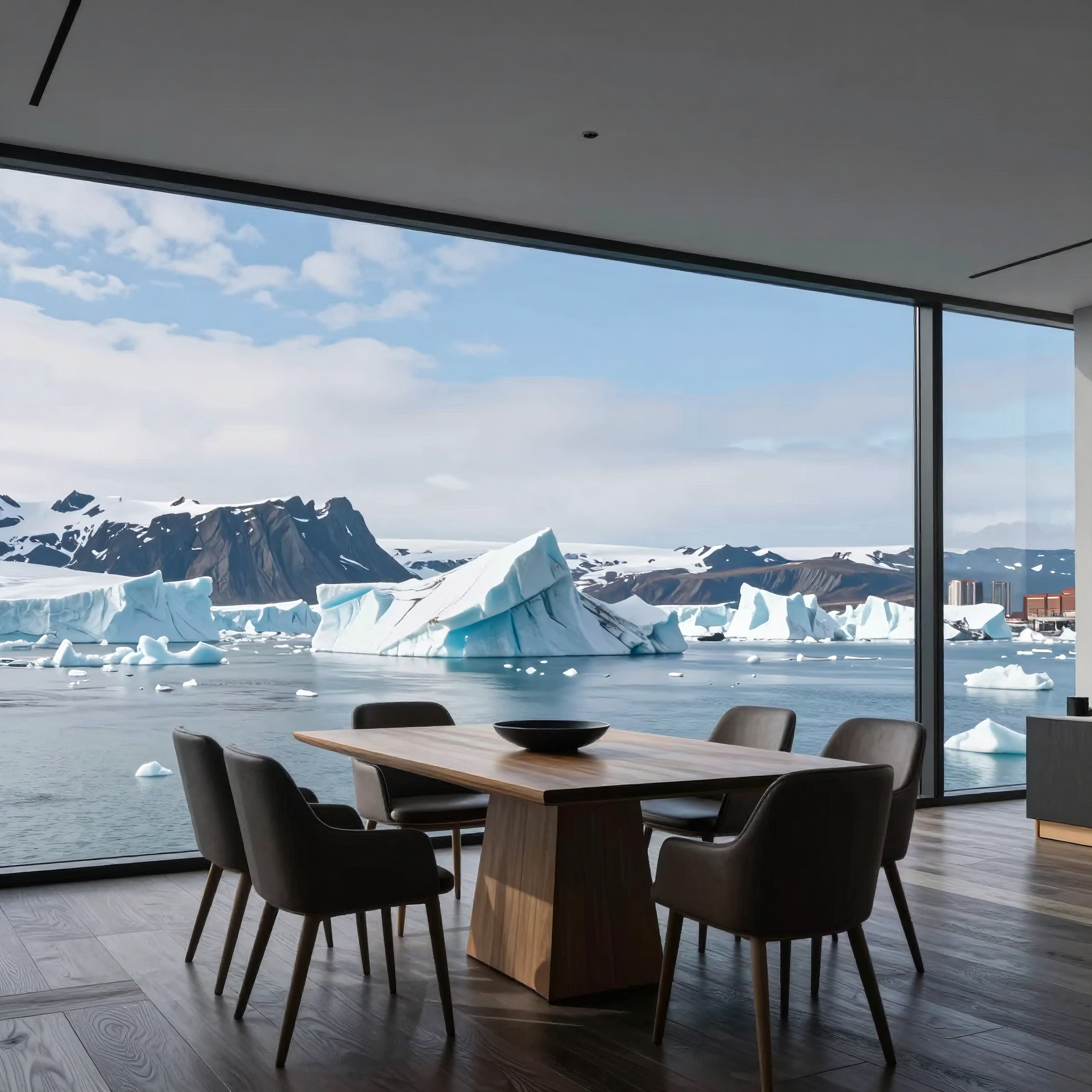 Modern dining room with panoramic arctic view.