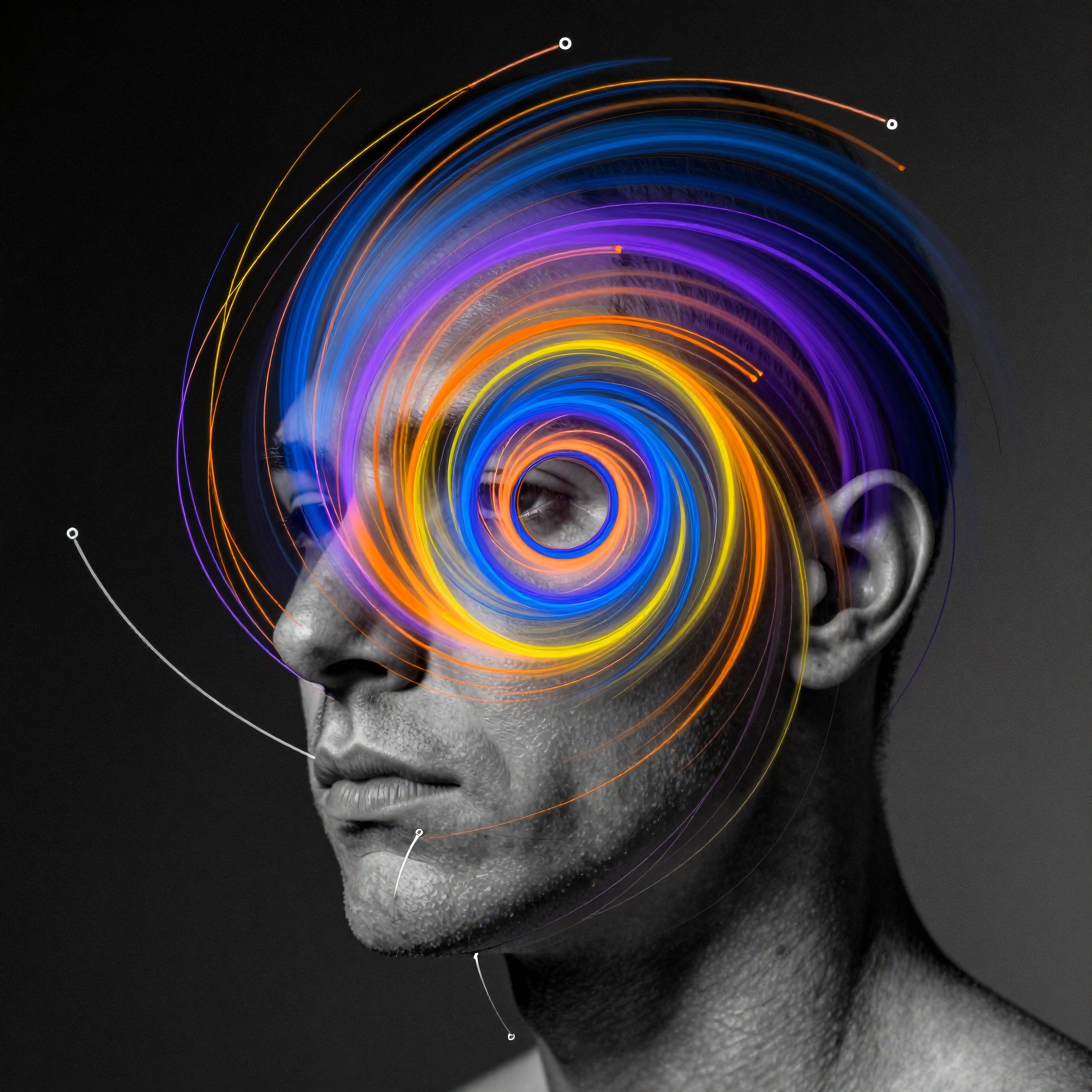 A grayscale portrait of a man with vibrant neon swirls around his eye, creating a futuristic digital art effect.