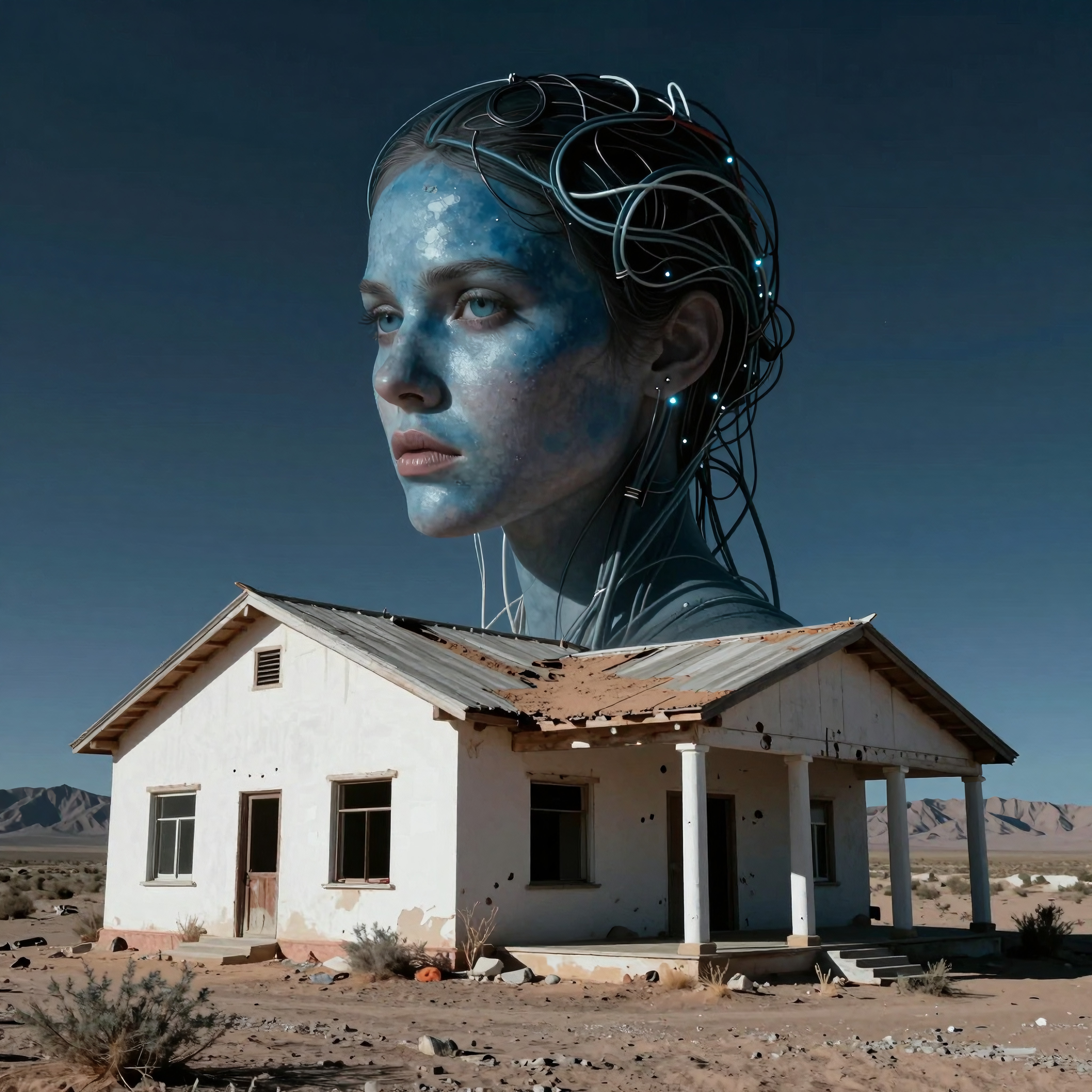 Surreal fusion of human and machine in desert landscape.