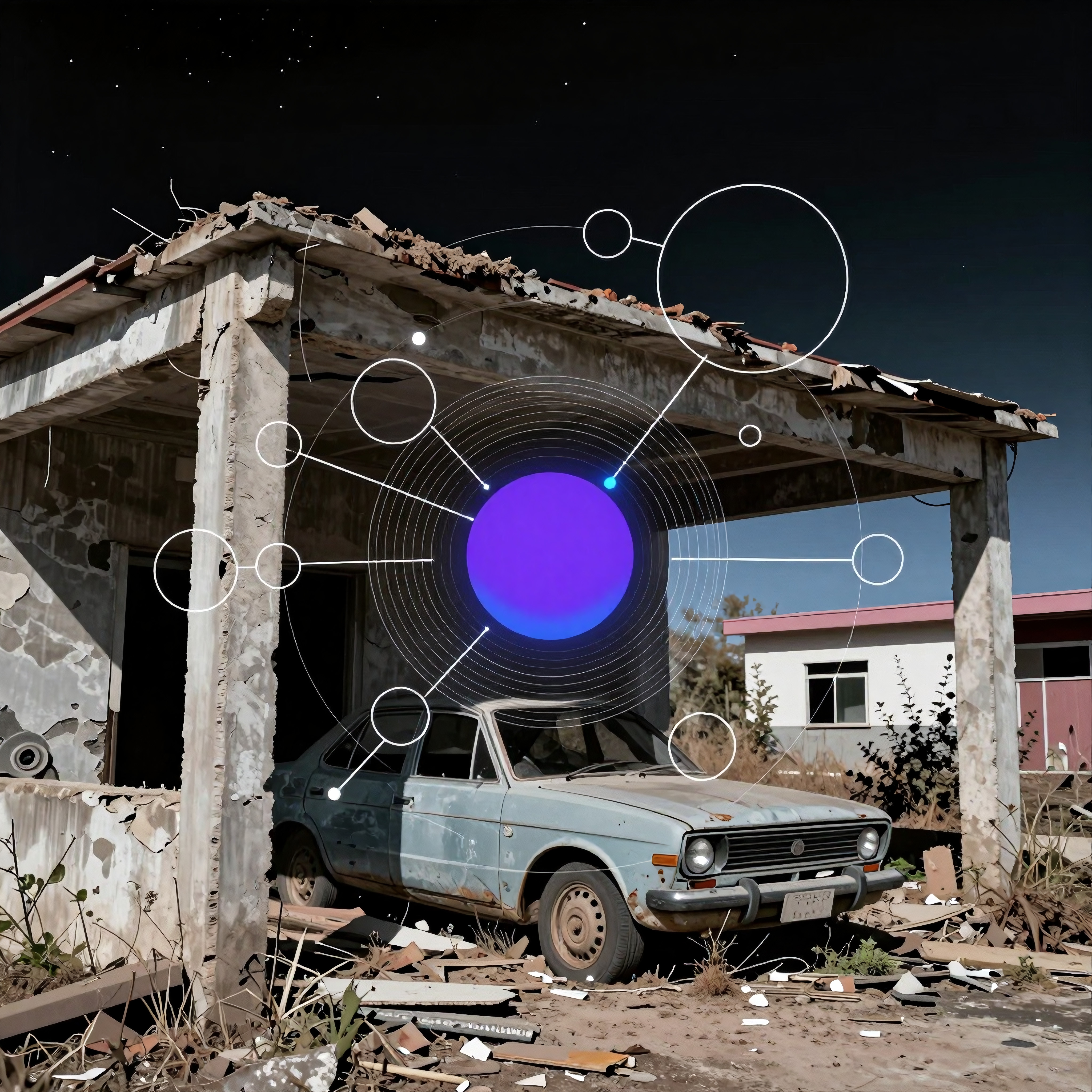A deteriorating shed with a weathered car is overlaid by a striking cosmic design.