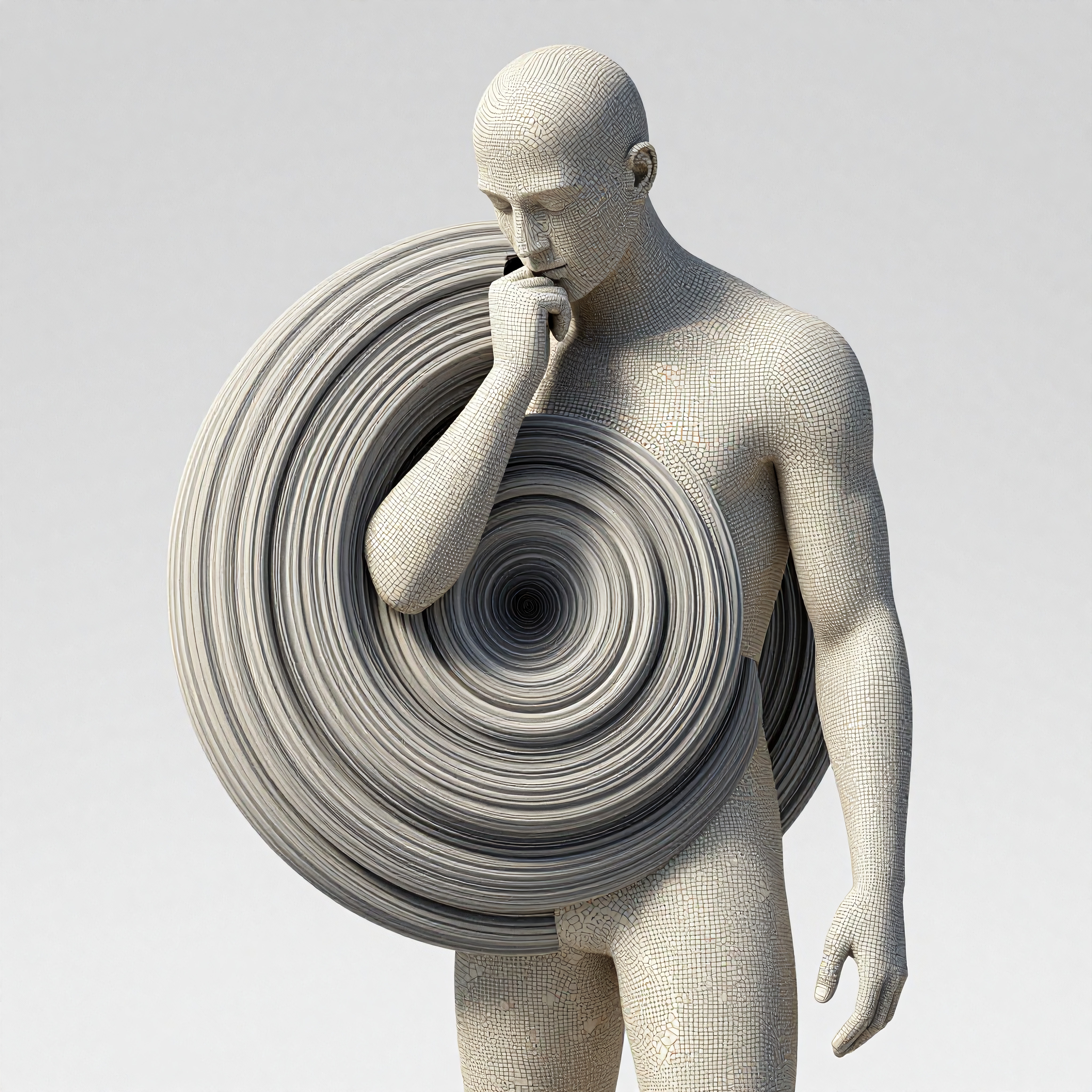 Intricate mosaic figure with vortex pattern suggesting introspective themes.