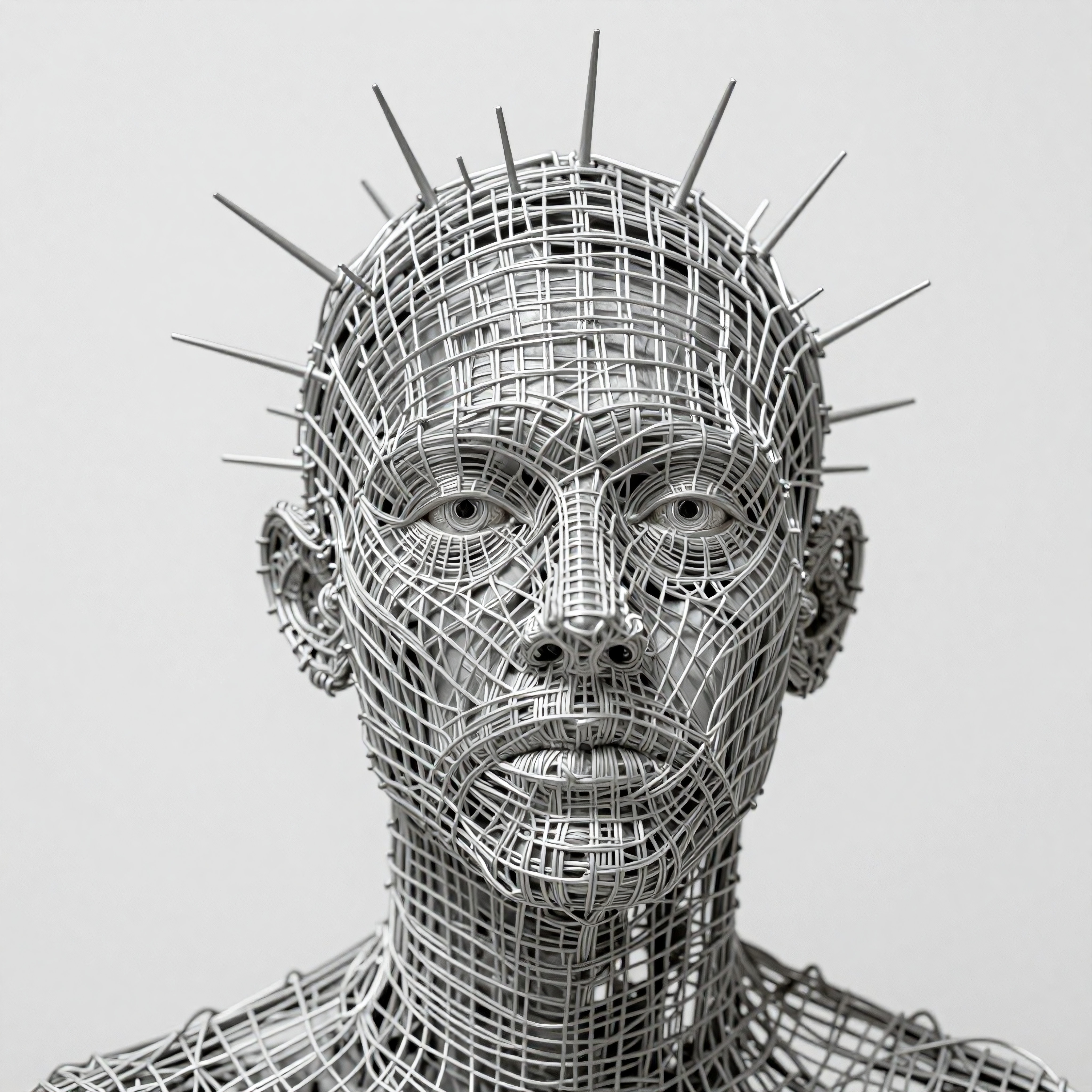 Intricate wire sculpture of a human face with spikes, showcasing modern art and design.