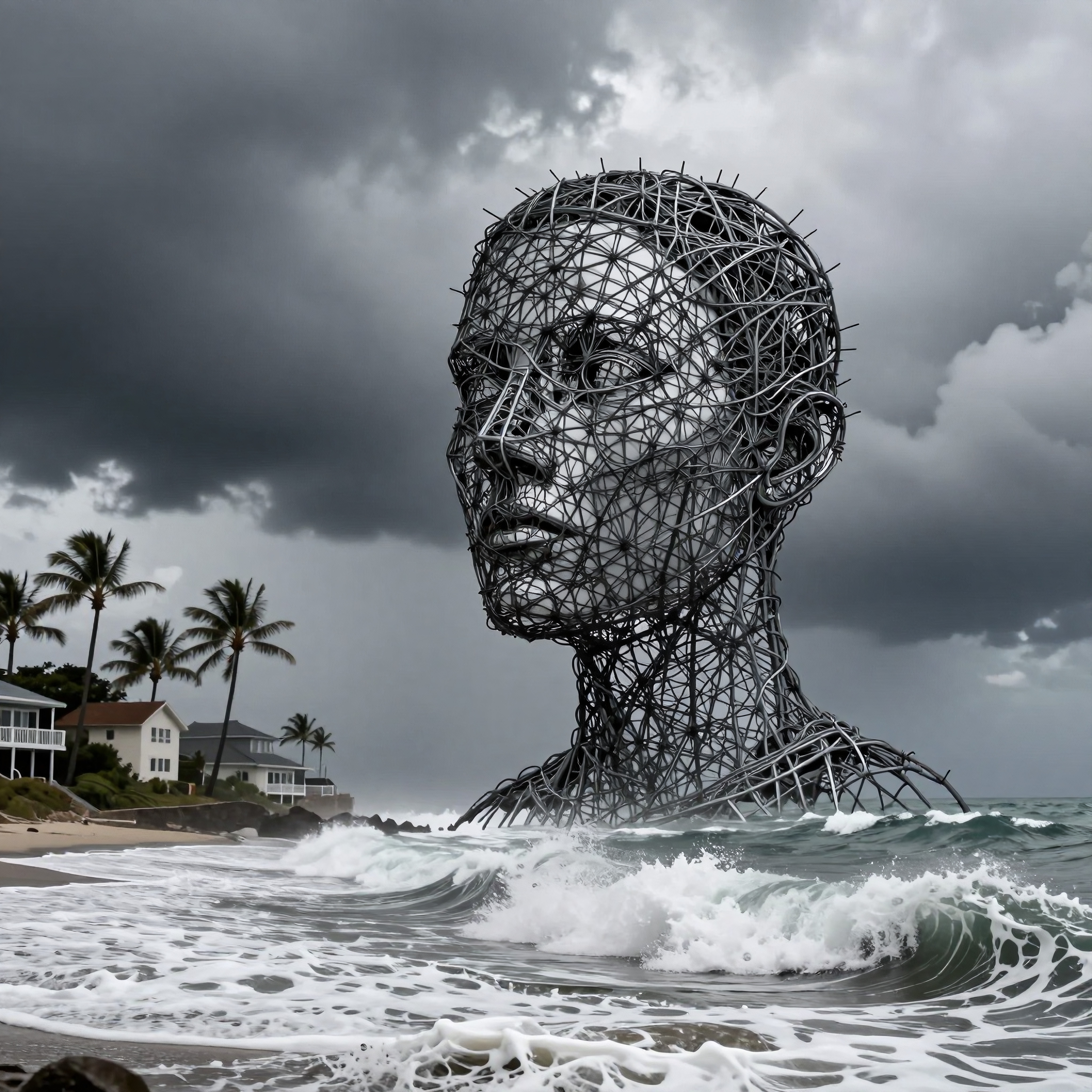 A colossal metal head sculpture rises from ocean waves against a stormy backdrop, blending art and nature.
