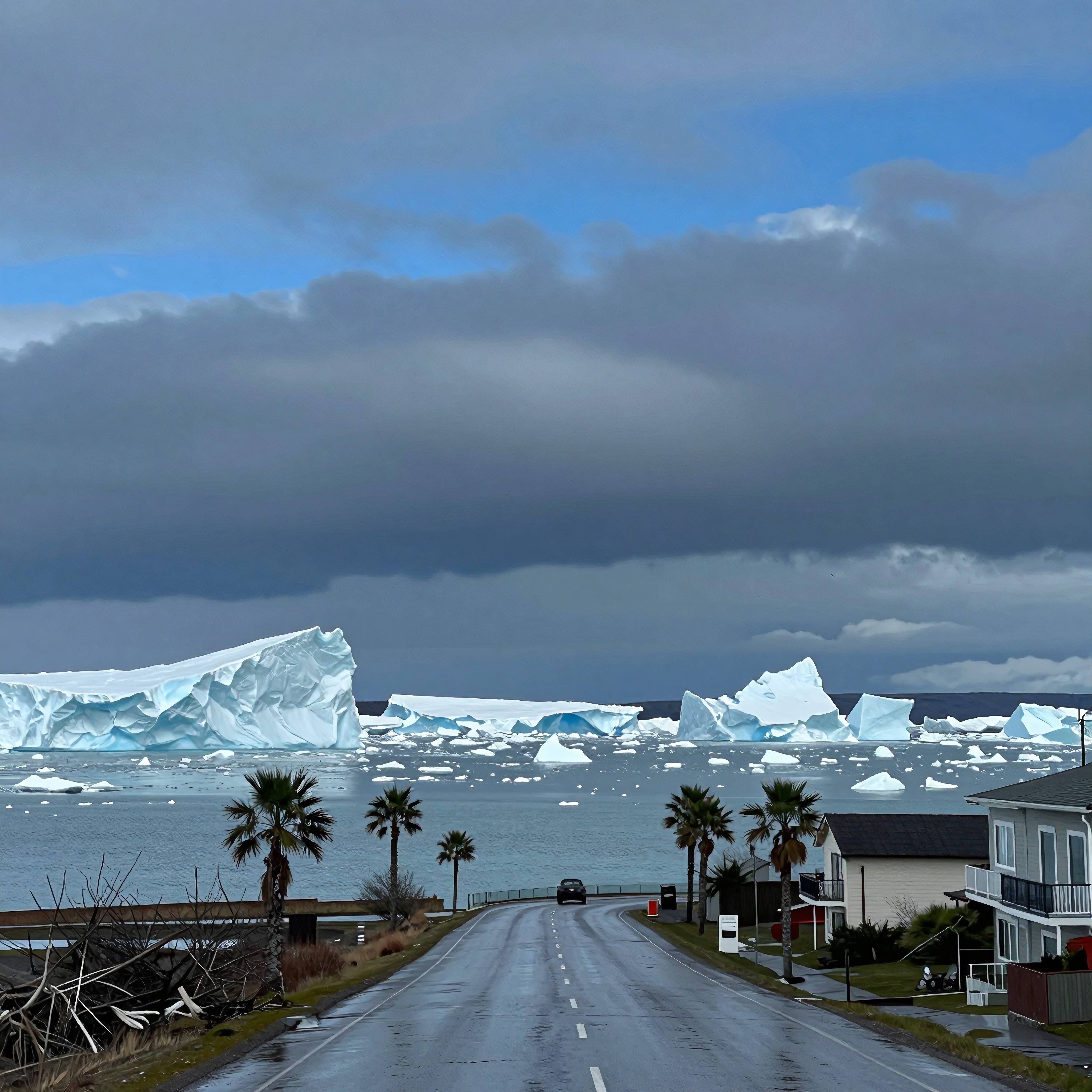 Dramatic scene of icebergs contrasting with coastal palm-lined road.
