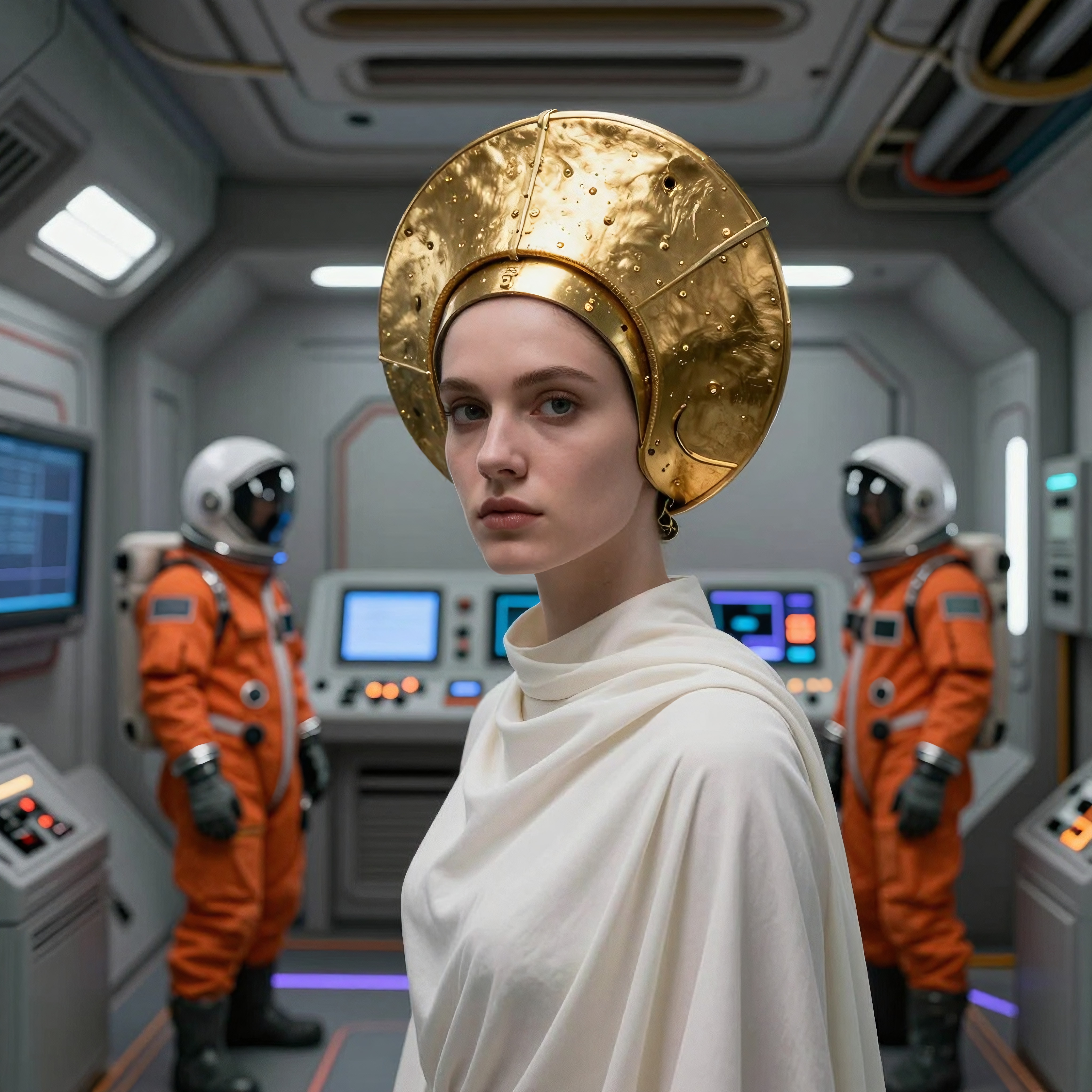 Elegant woman in futuristic control room with golden headdress and astronauts in orange spacesuits.
